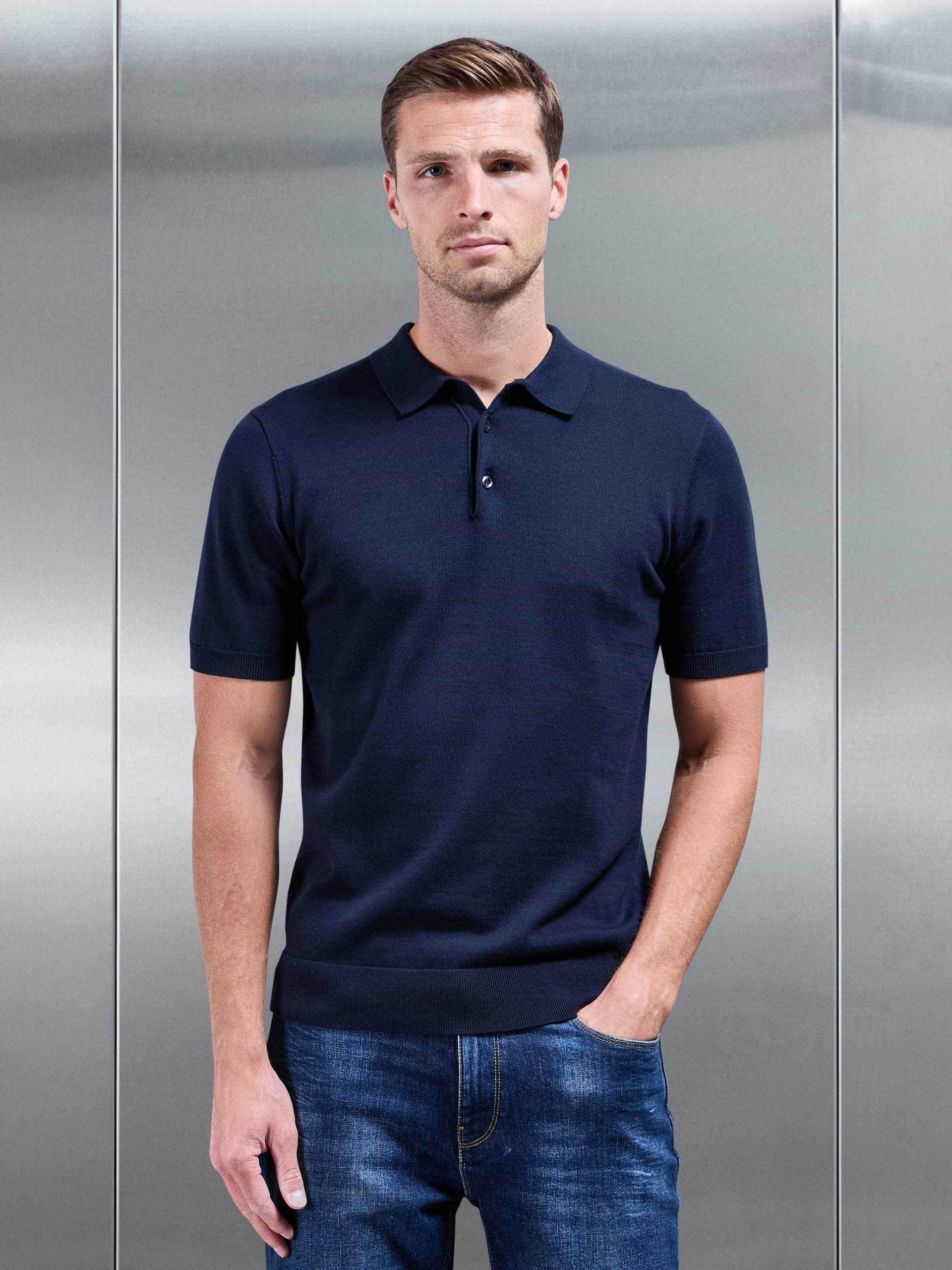 Knitted Button Polo Shirt in Navy