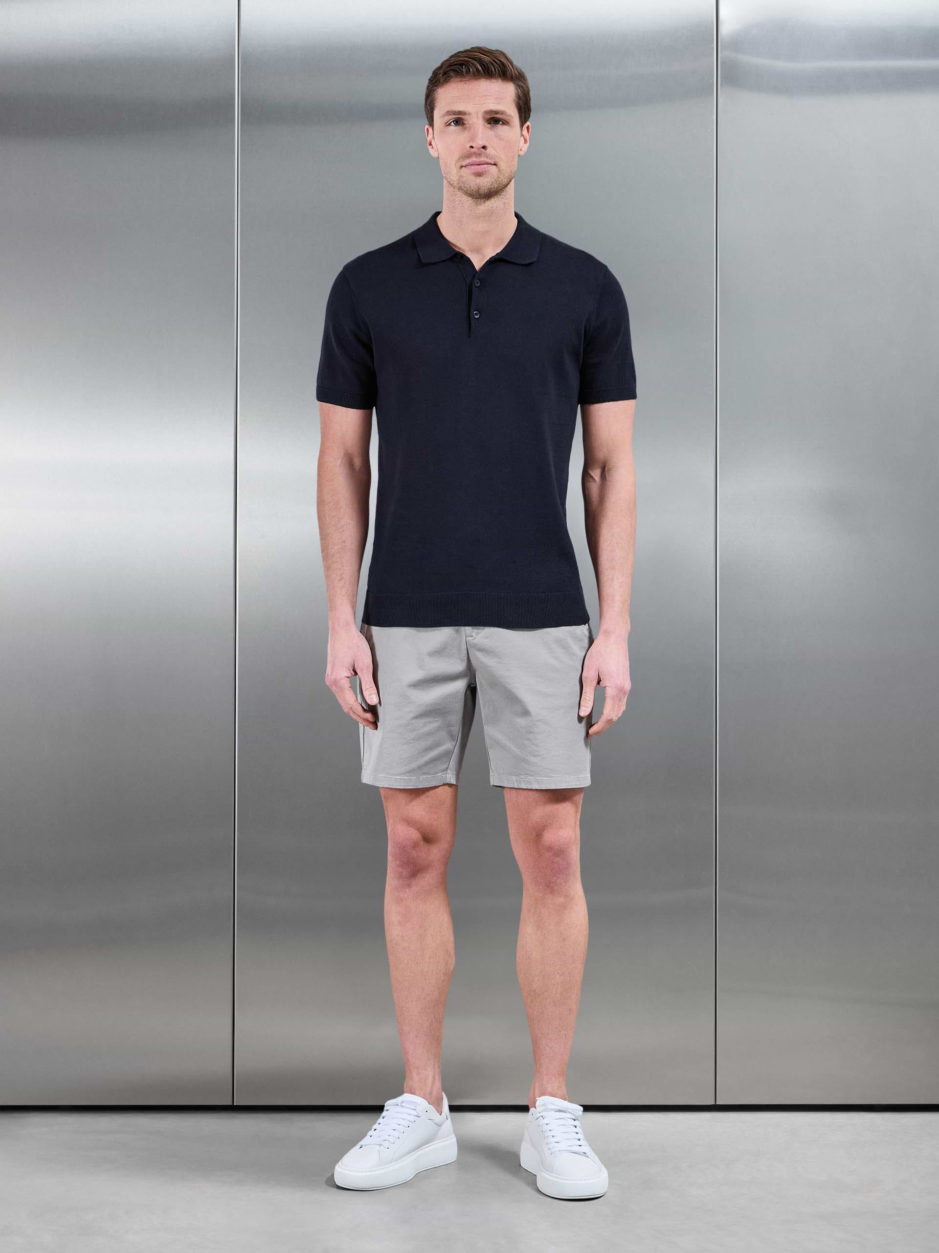 Cotton Knitted Button Polo Shirt in Navy