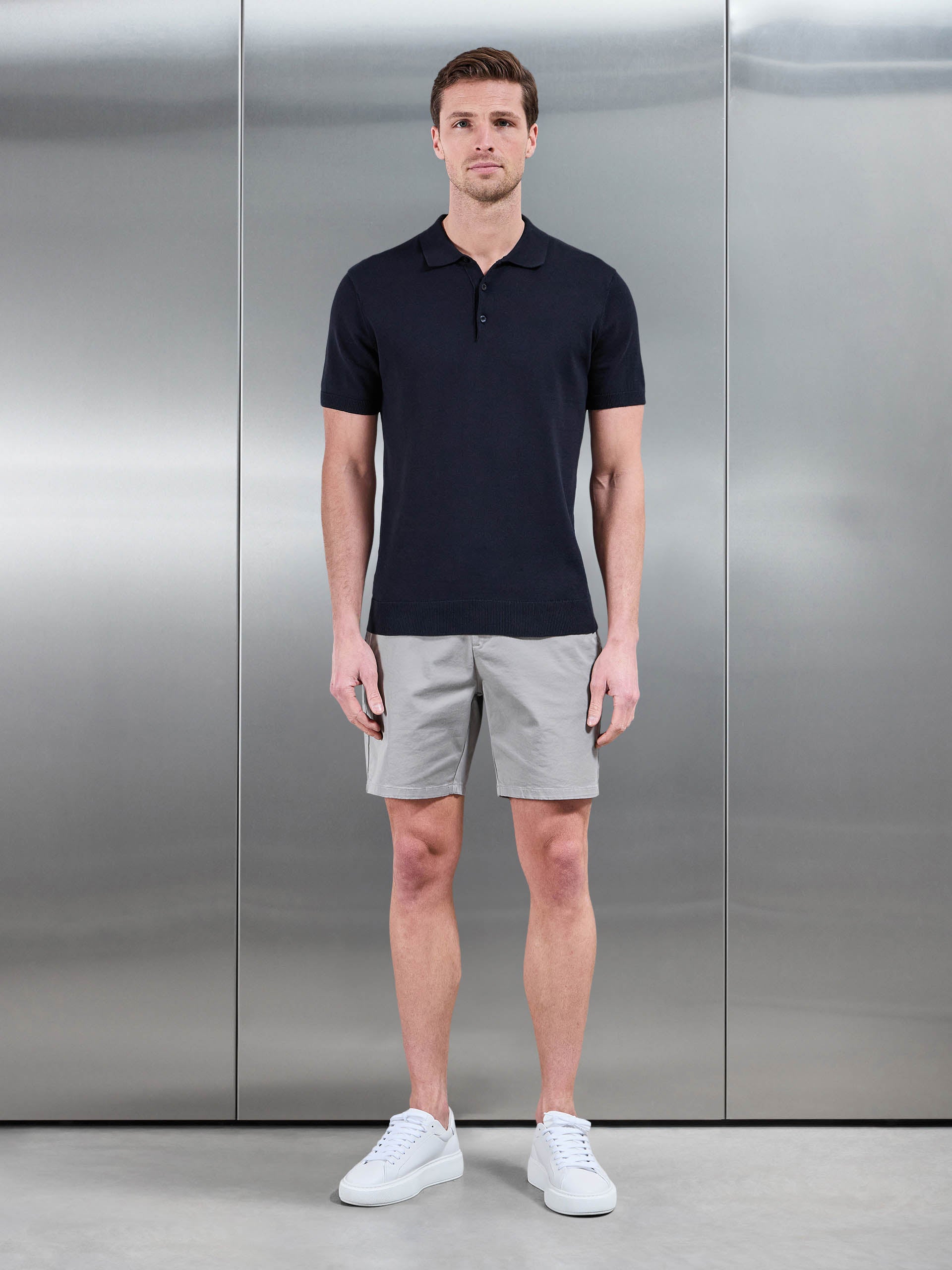 Cotton Knitted Button Polo Shirt in Navy