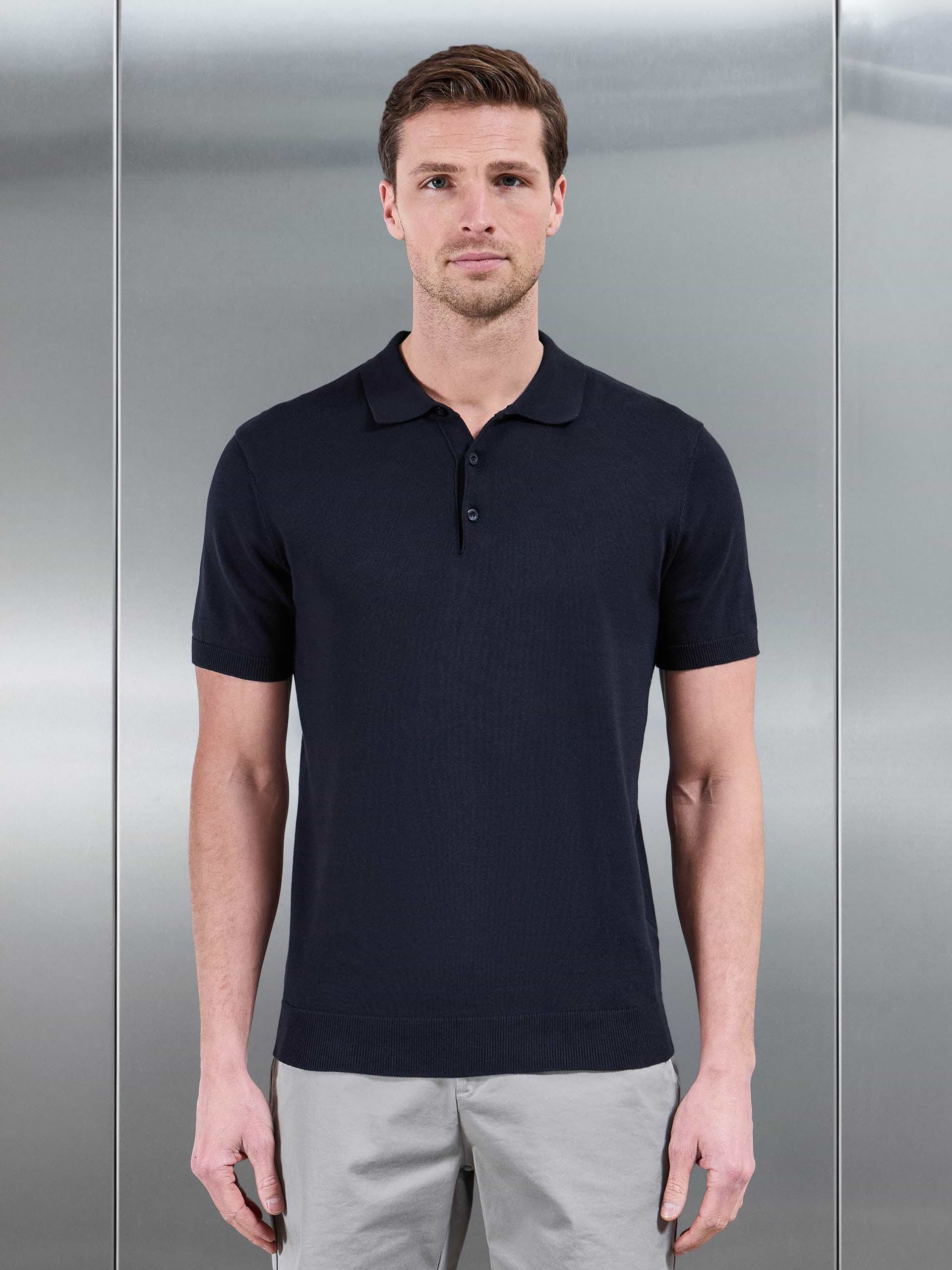 Cotton Knitted Button Polo Shirt in Navy