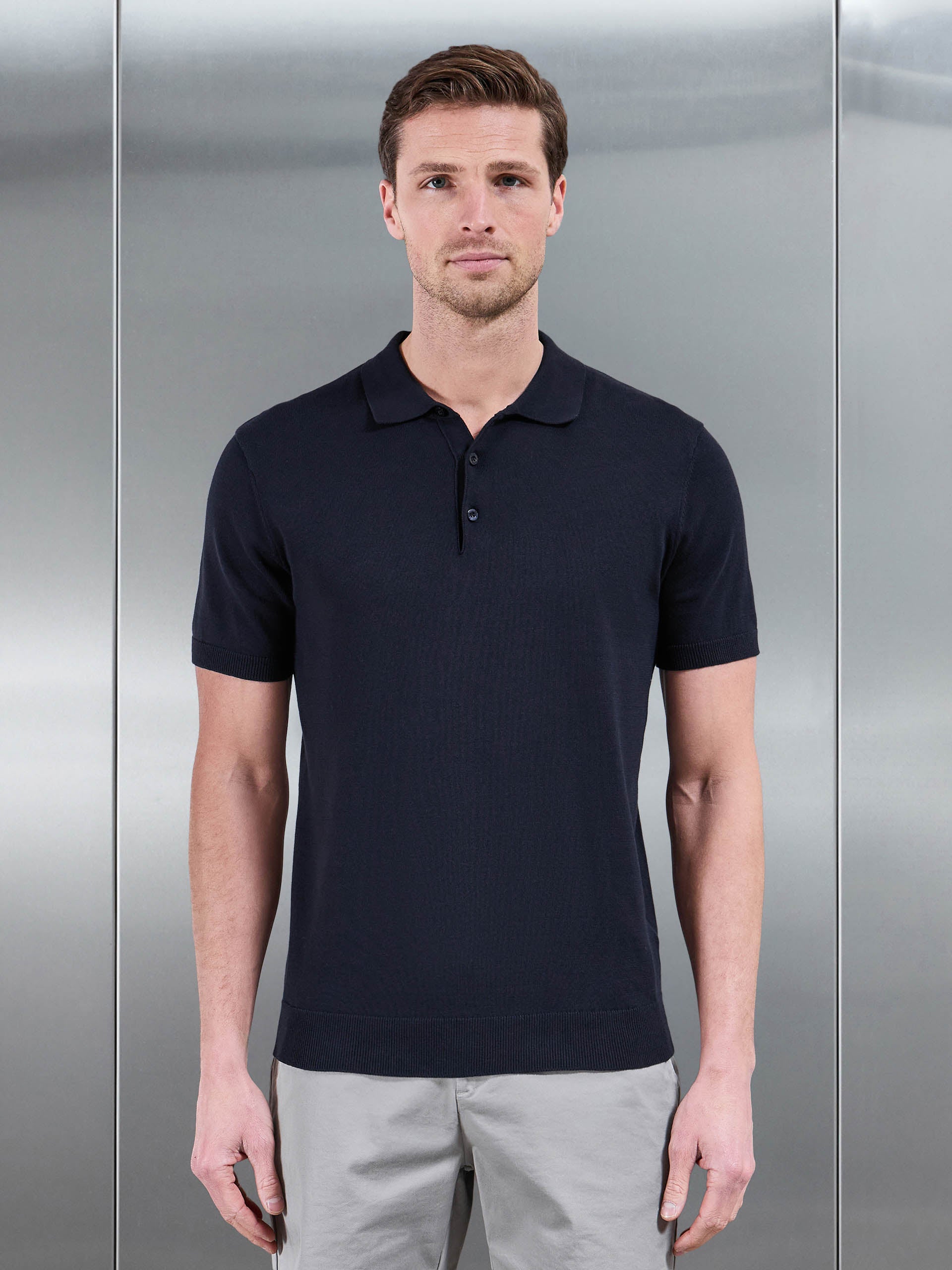 Cotton Knitted Button Polo Shirt in Navy