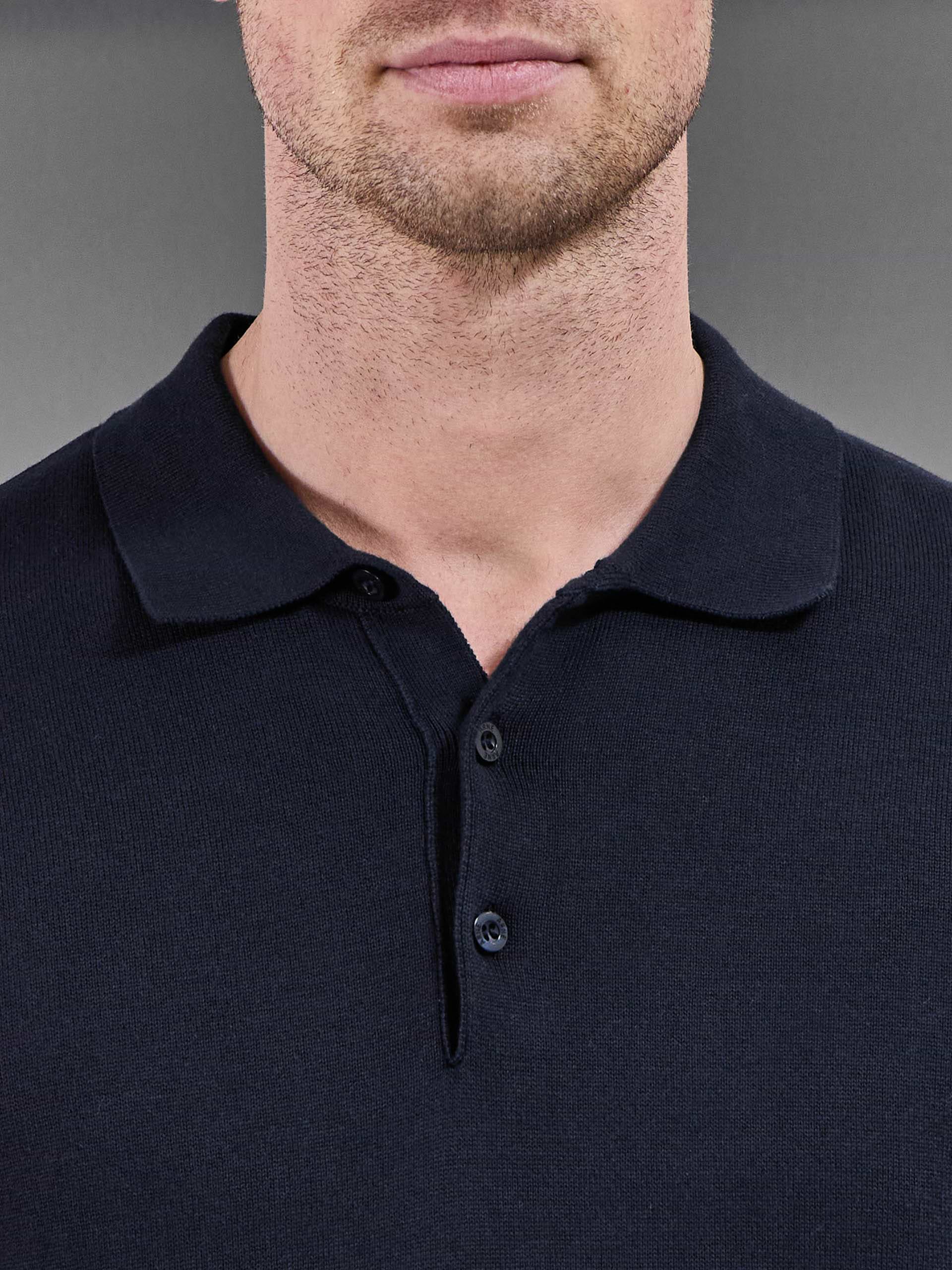 Cotton Knitted Button Polo Shirt in Navy