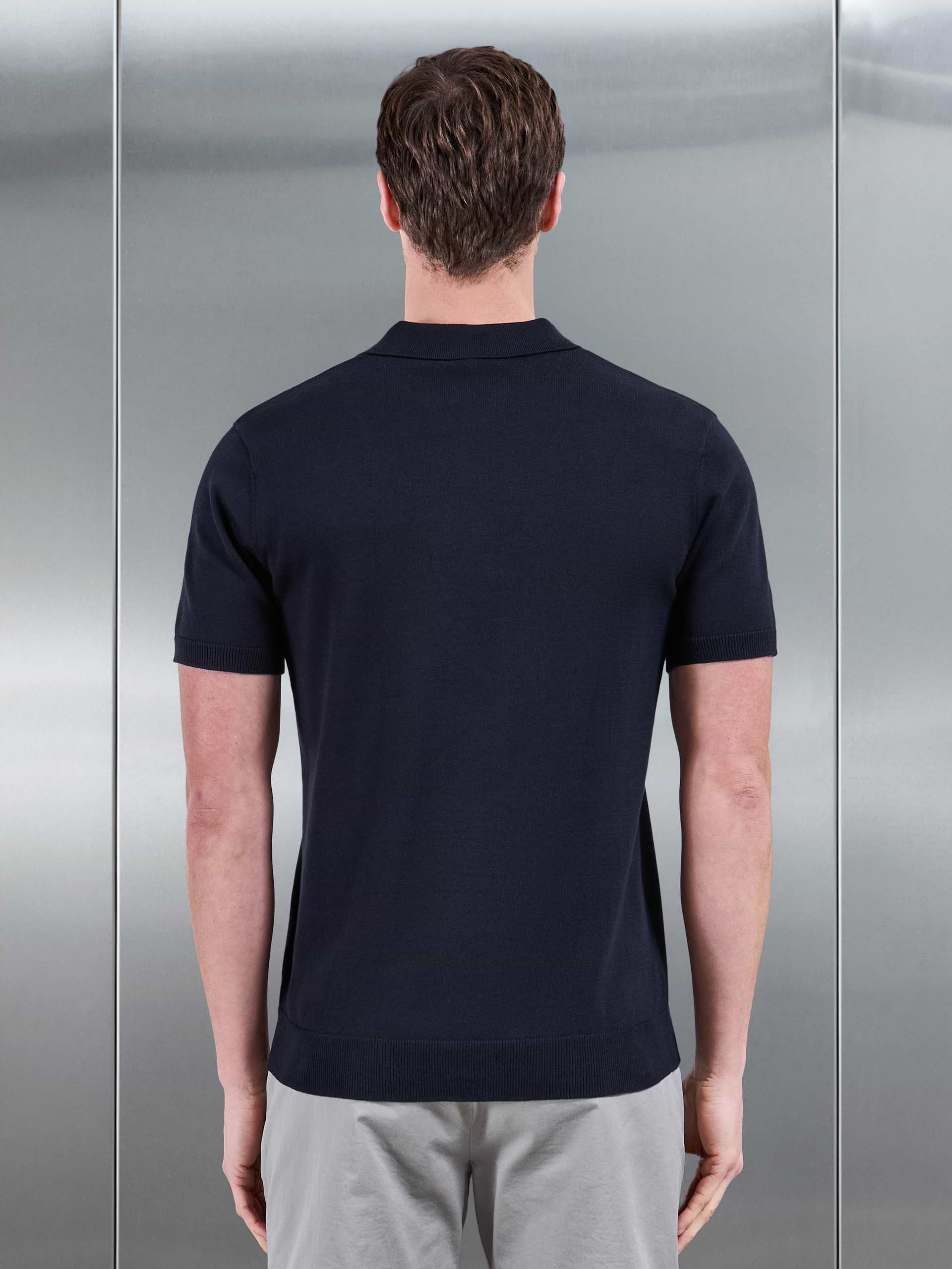 Cotton Knitted Button Polo Shirt in Navy