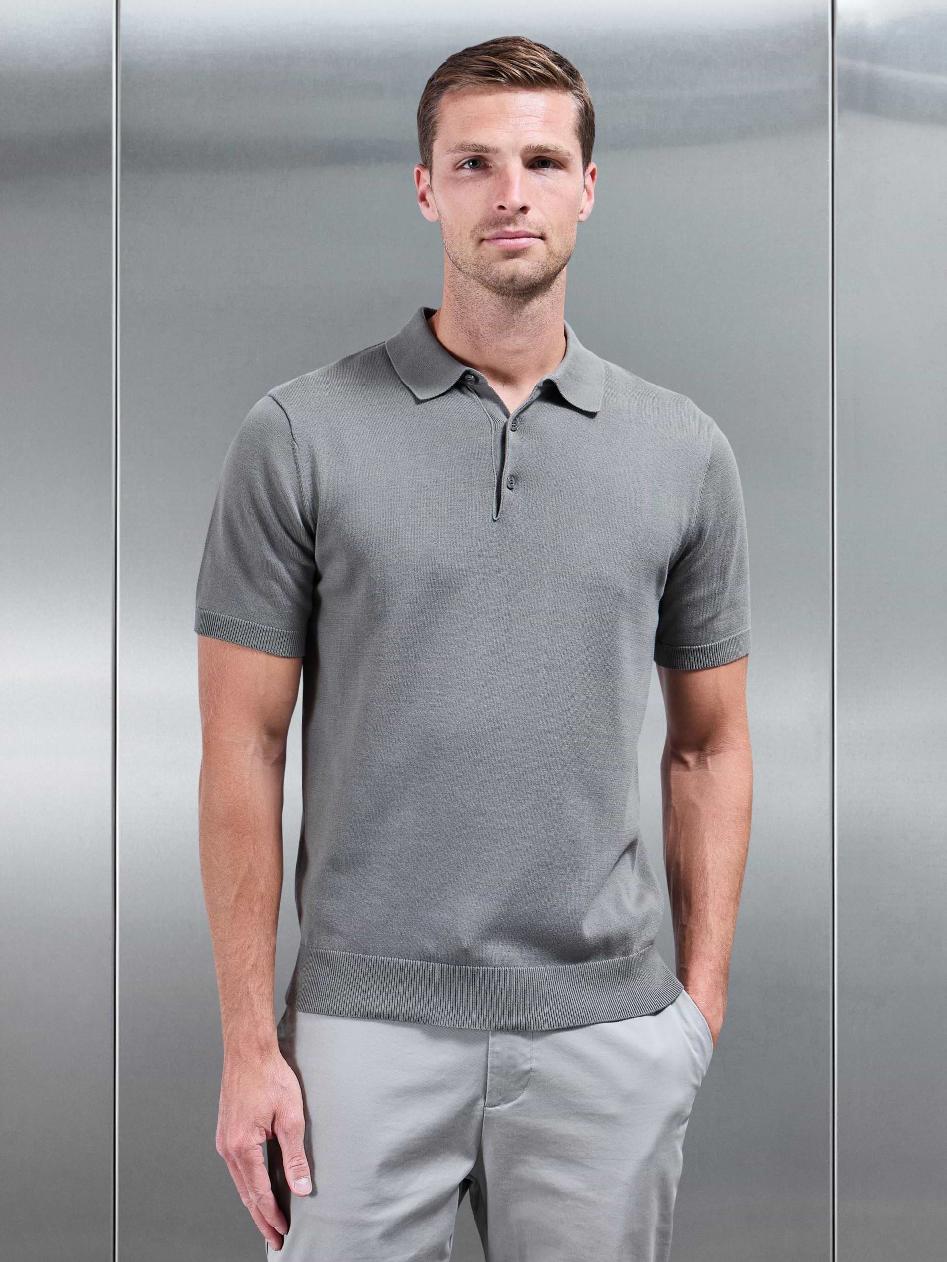 Knitted Button Polo Shirt in Sage