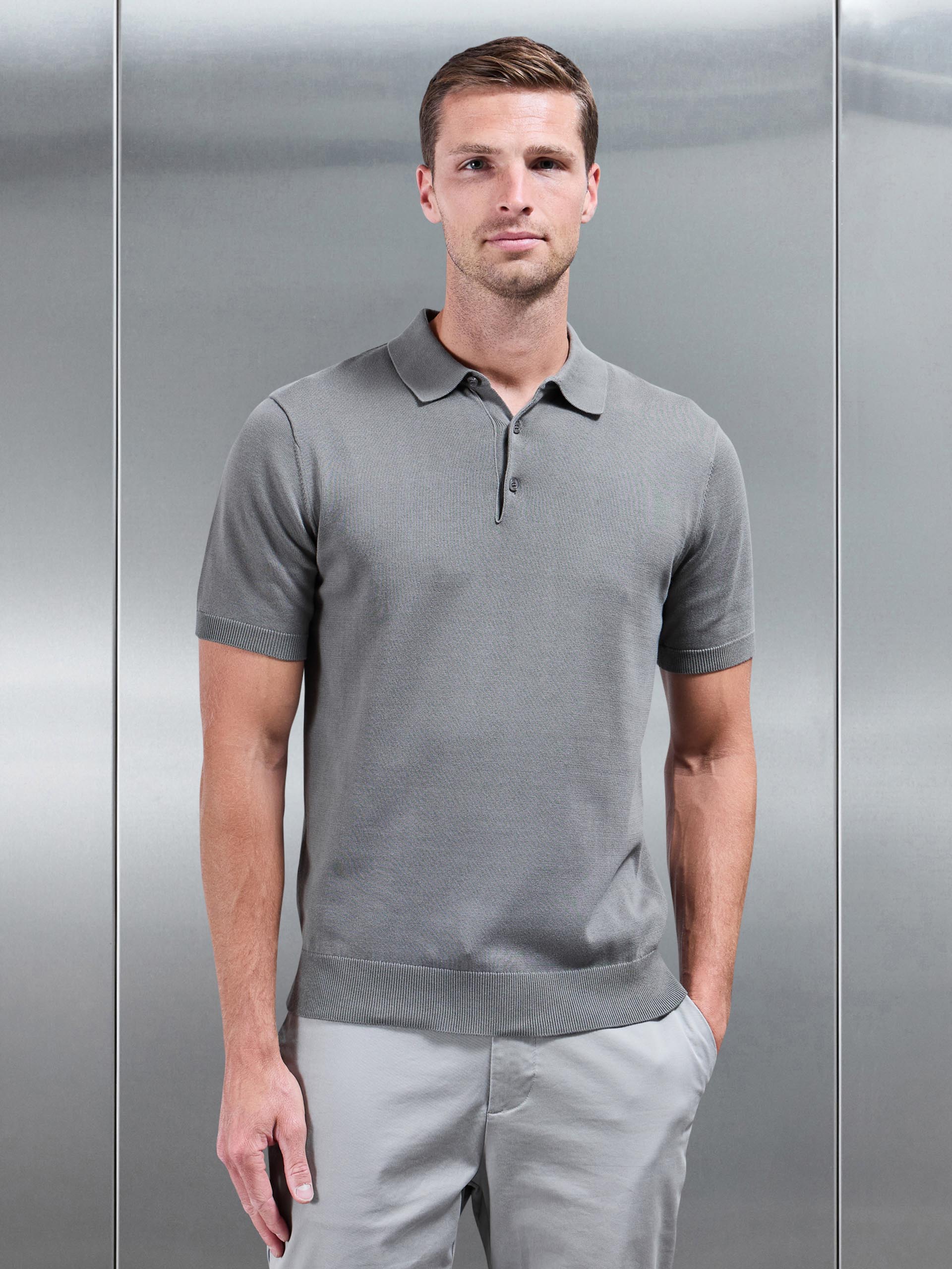Knitted Button Polo Shirt in Sage