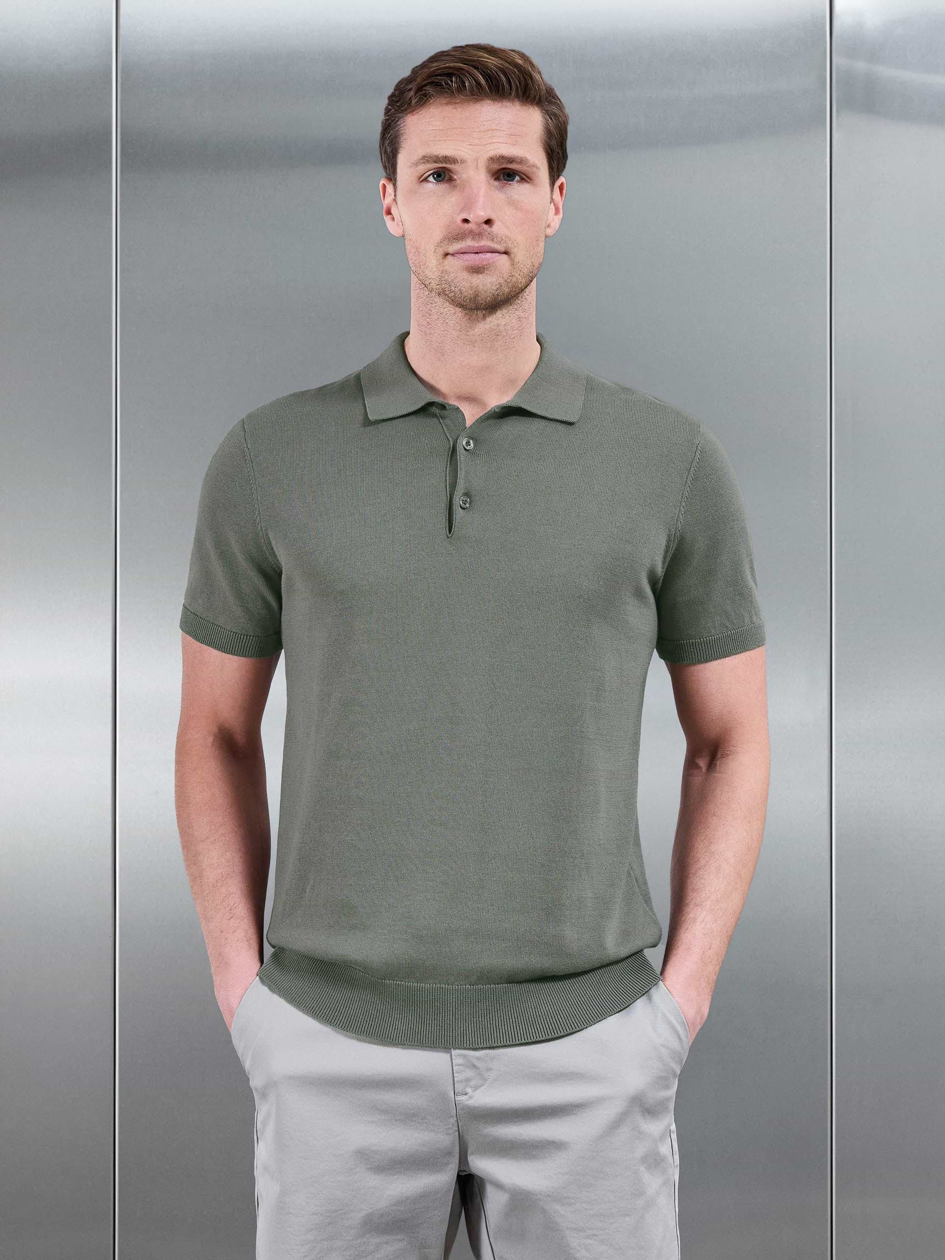 Cotton Knitted Button Polo Shirt in Sage