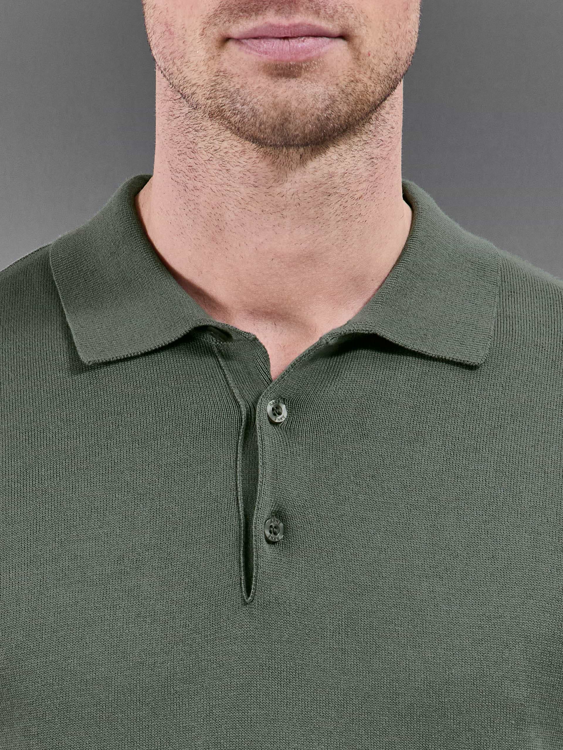 Cotton Knitted Button Polo Shirt in Sage