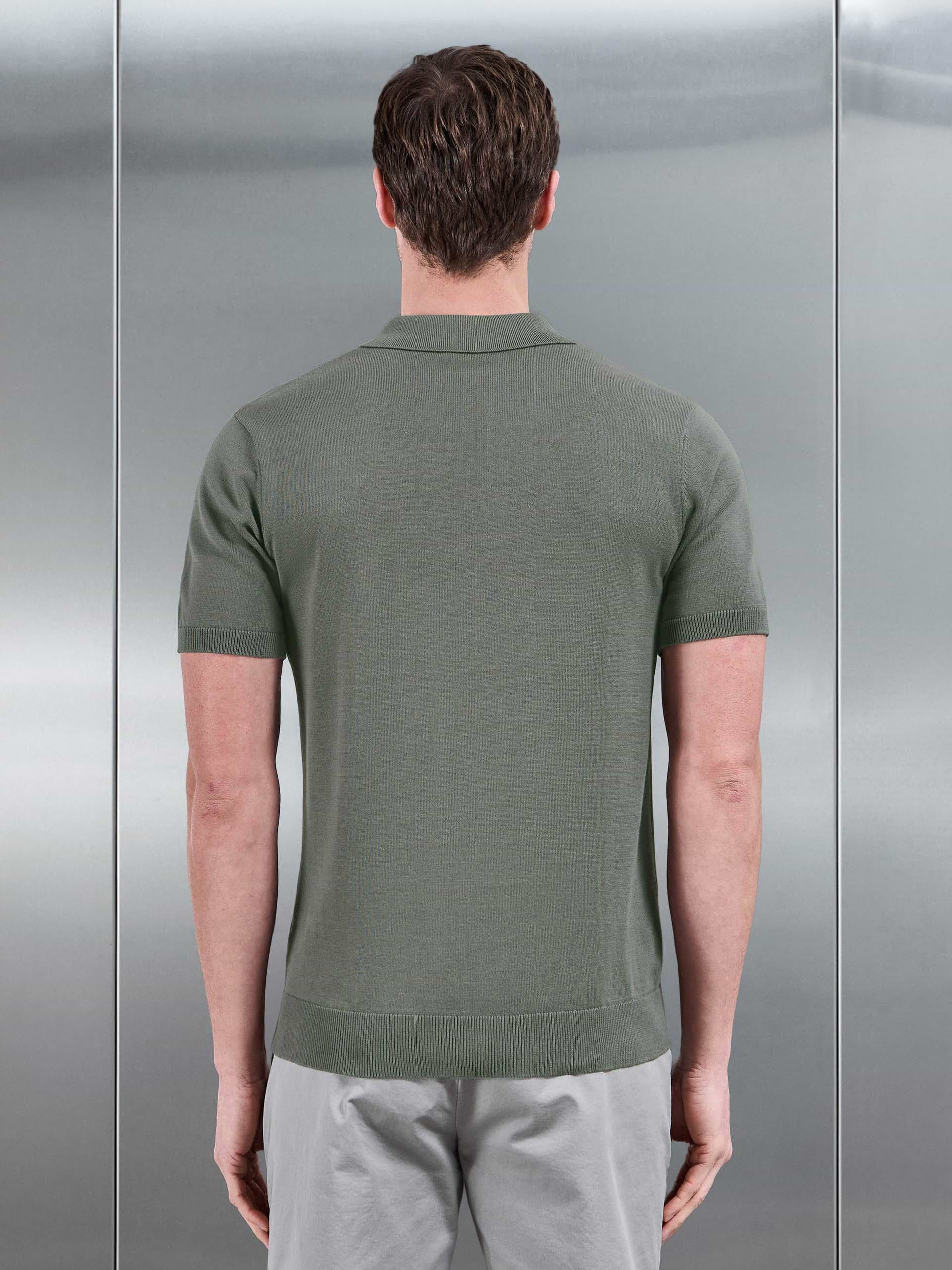 Cotton Knitted Button Polo Shirt in Sage