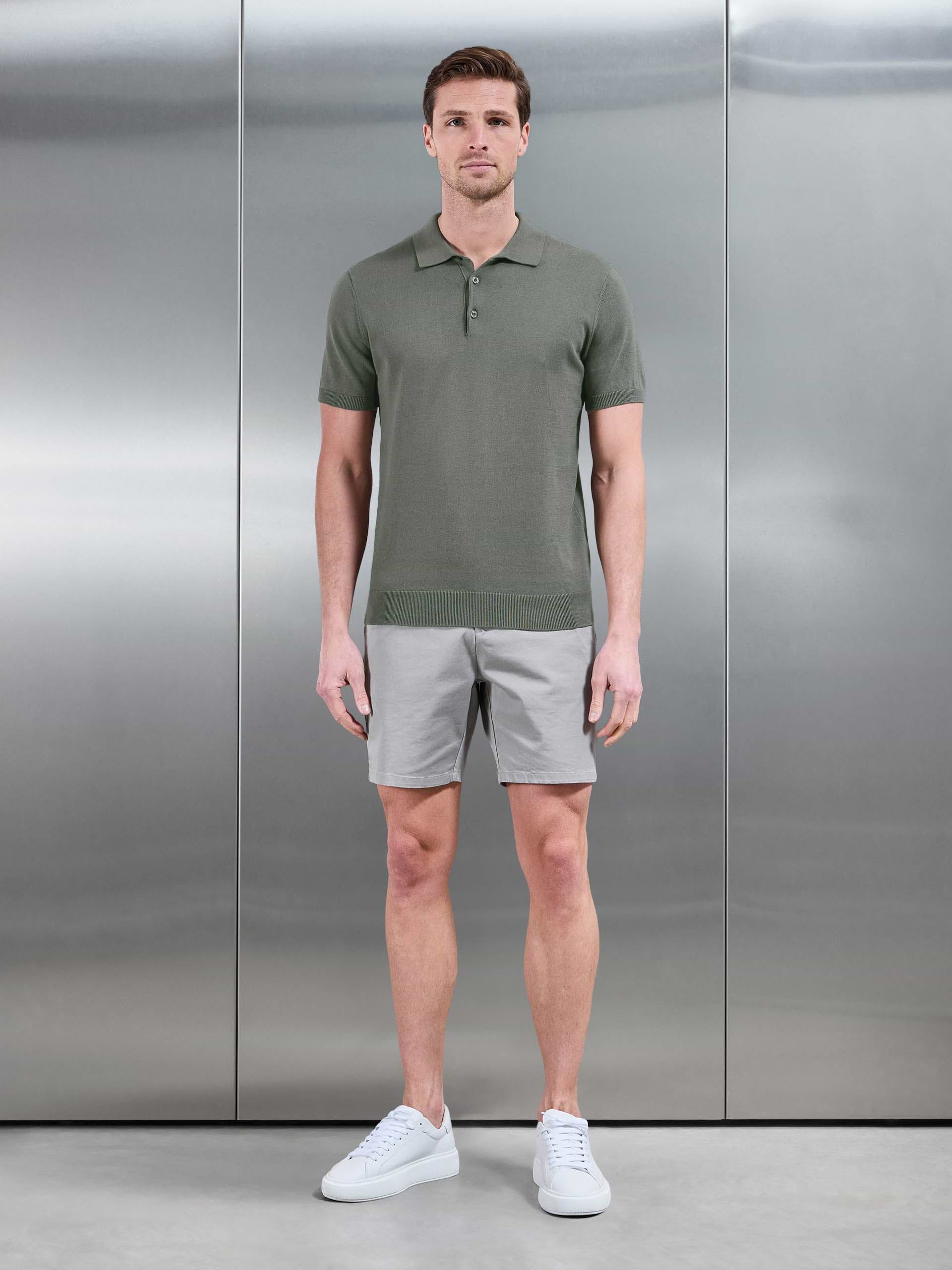 Cotton Knitted Button Polo Shirt in Sage