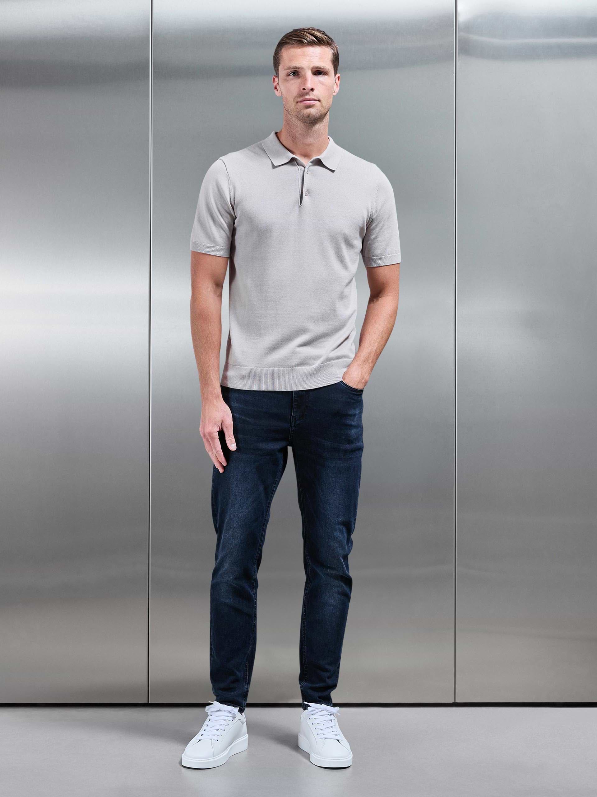 Cotton Knitted Button Polo Shirt in Stone