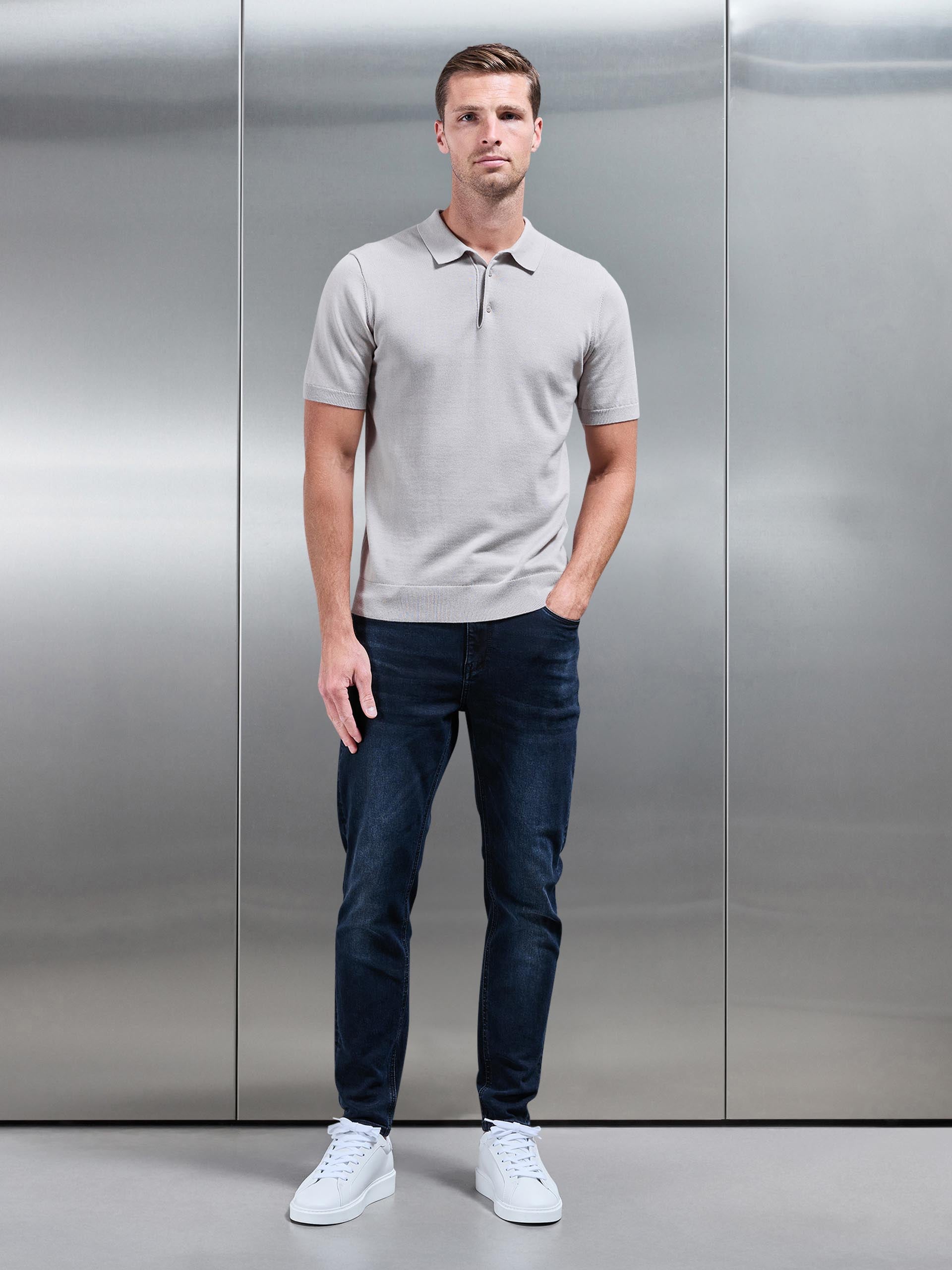 Cotton Knitted Button Polo Shirt in Stone