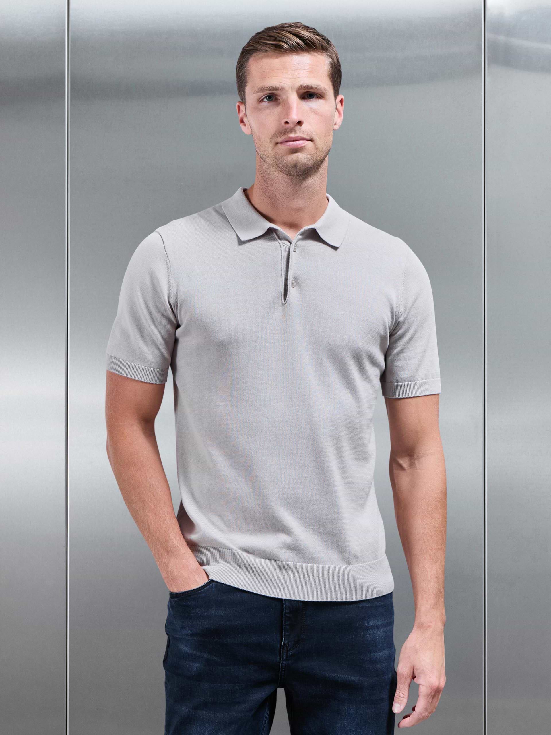 Knitted Button Polo Shirt in Stone