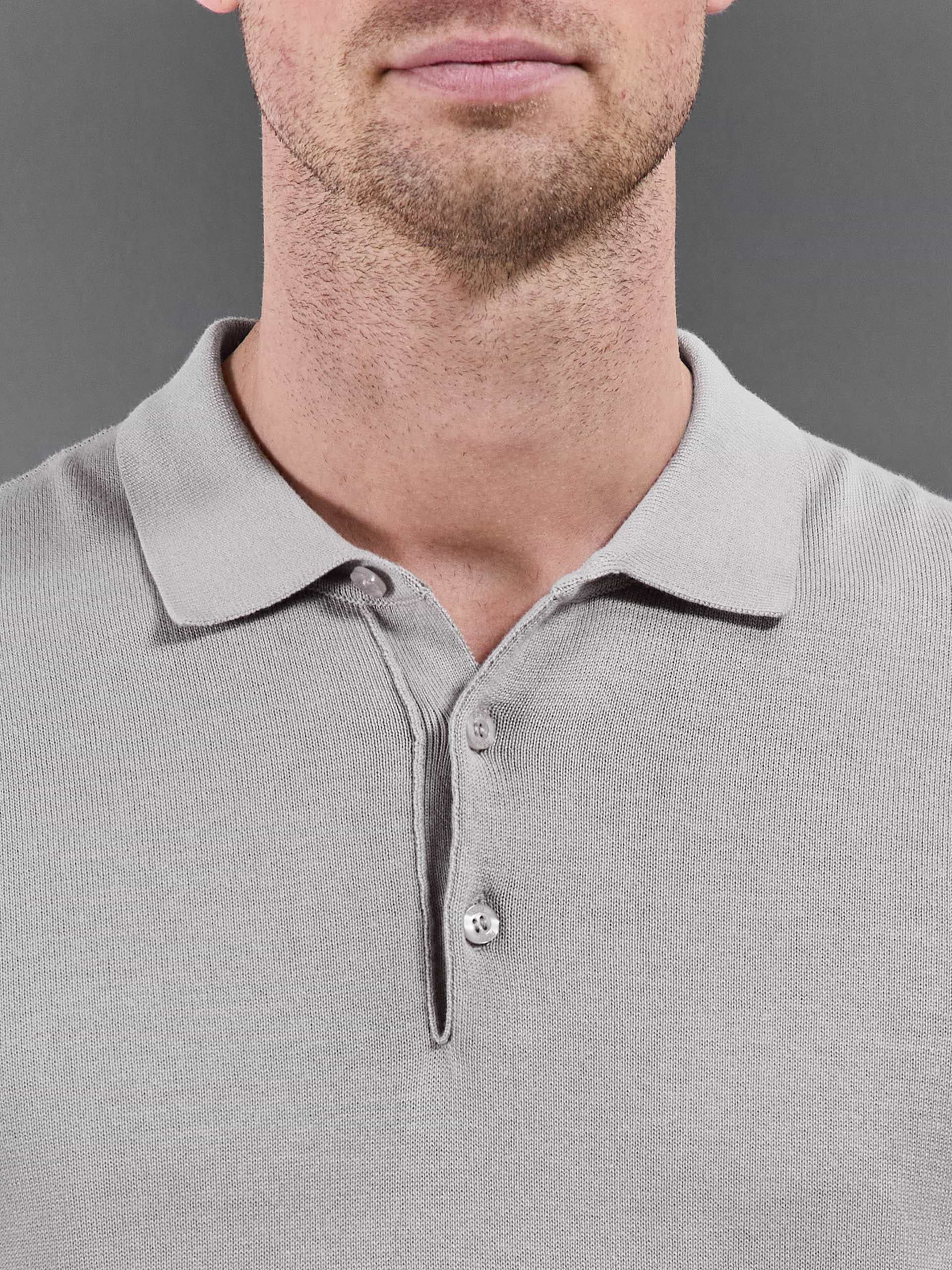 Cotton Knitted Button Polo Shirt in Stone