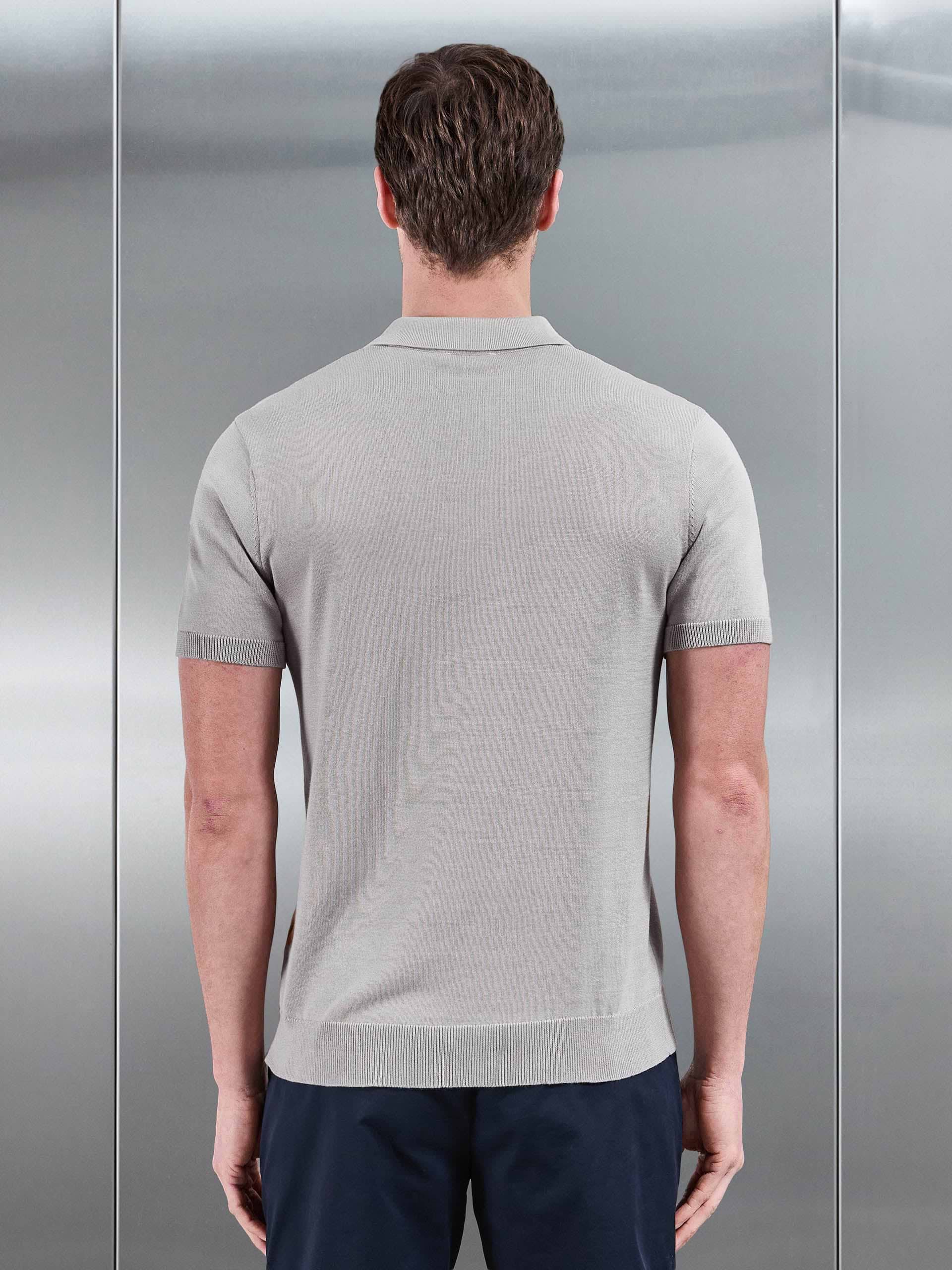 Cotton Knitted Button Polo Shirt in Stone