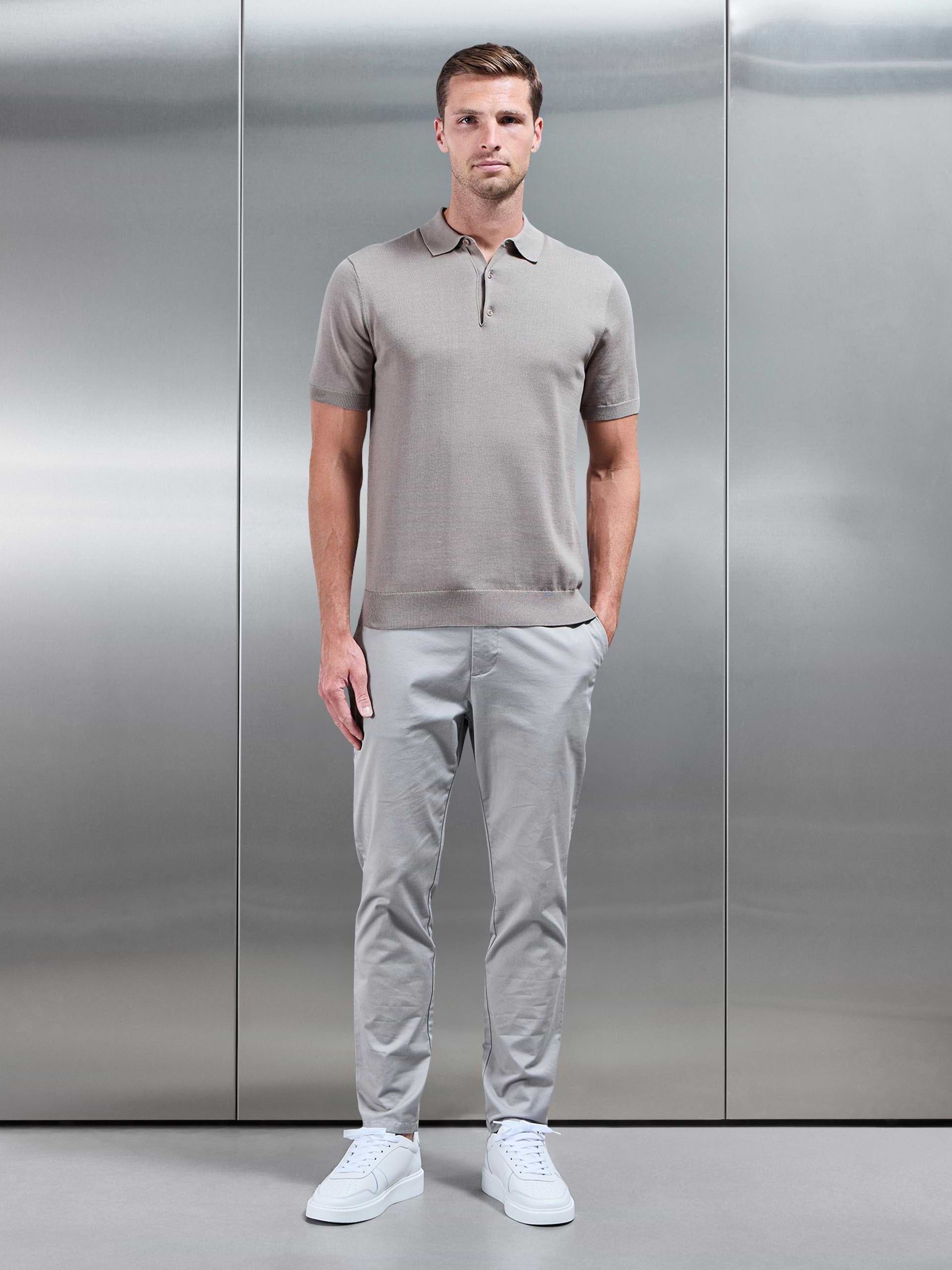 Knitted Button Polo Shirt in Taupe