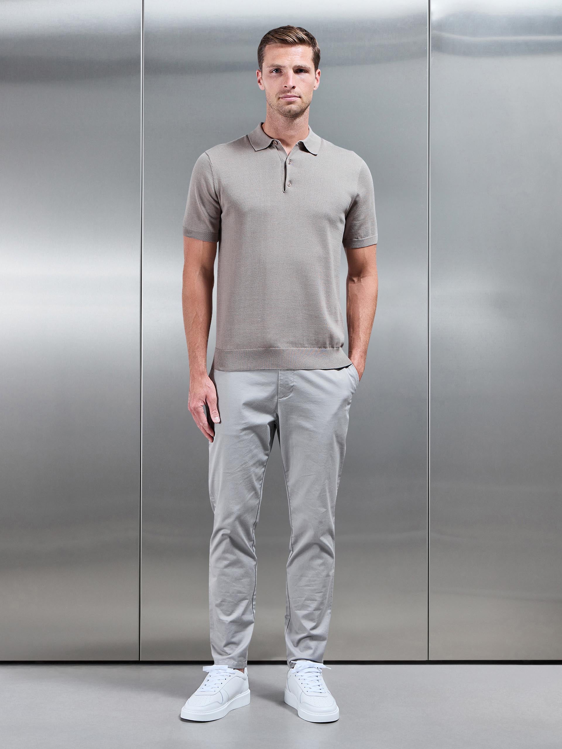 Knitted Button Polo Shirt in Taupe