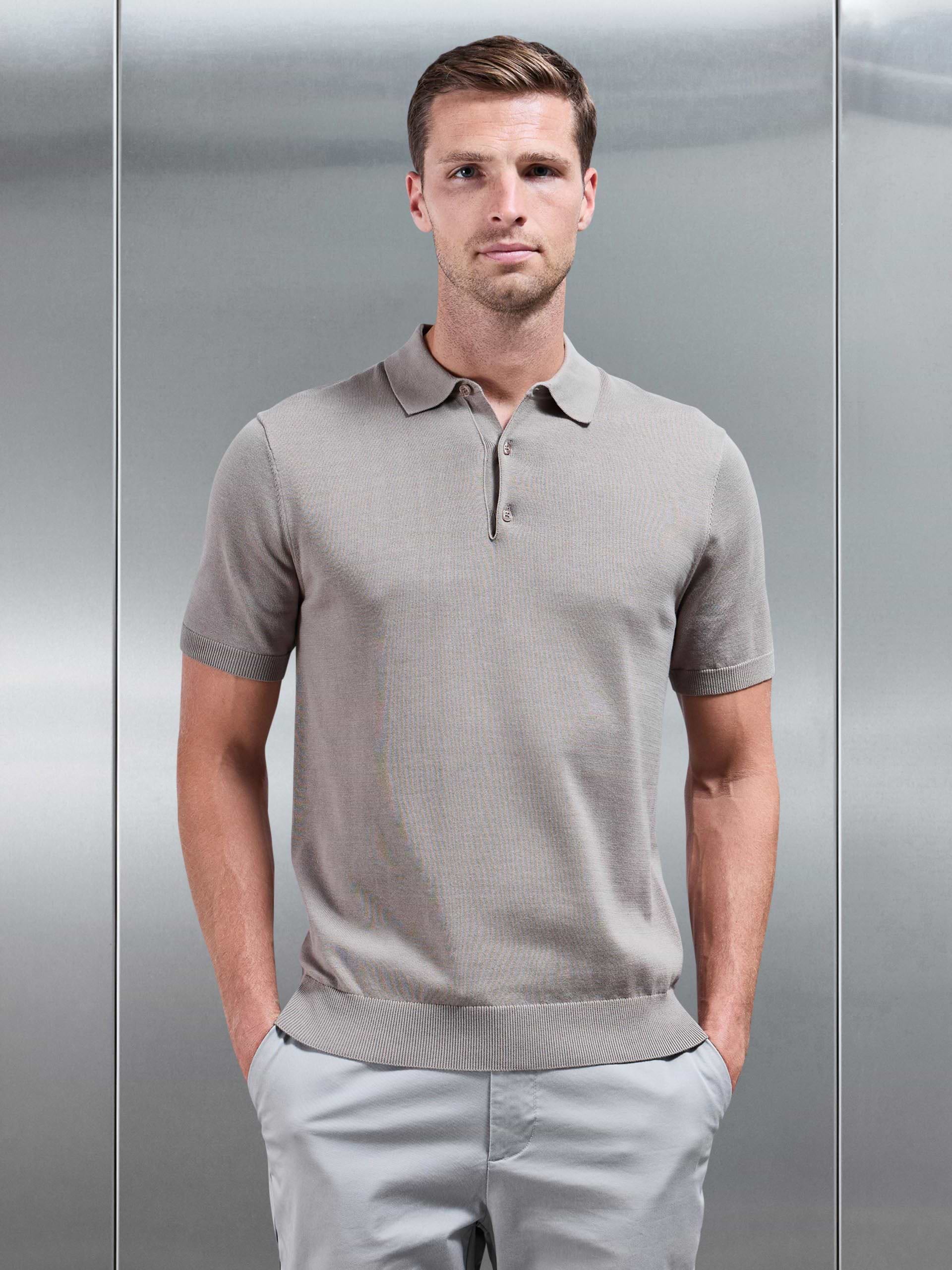 Knitted Button Polo Shirt in Taupe