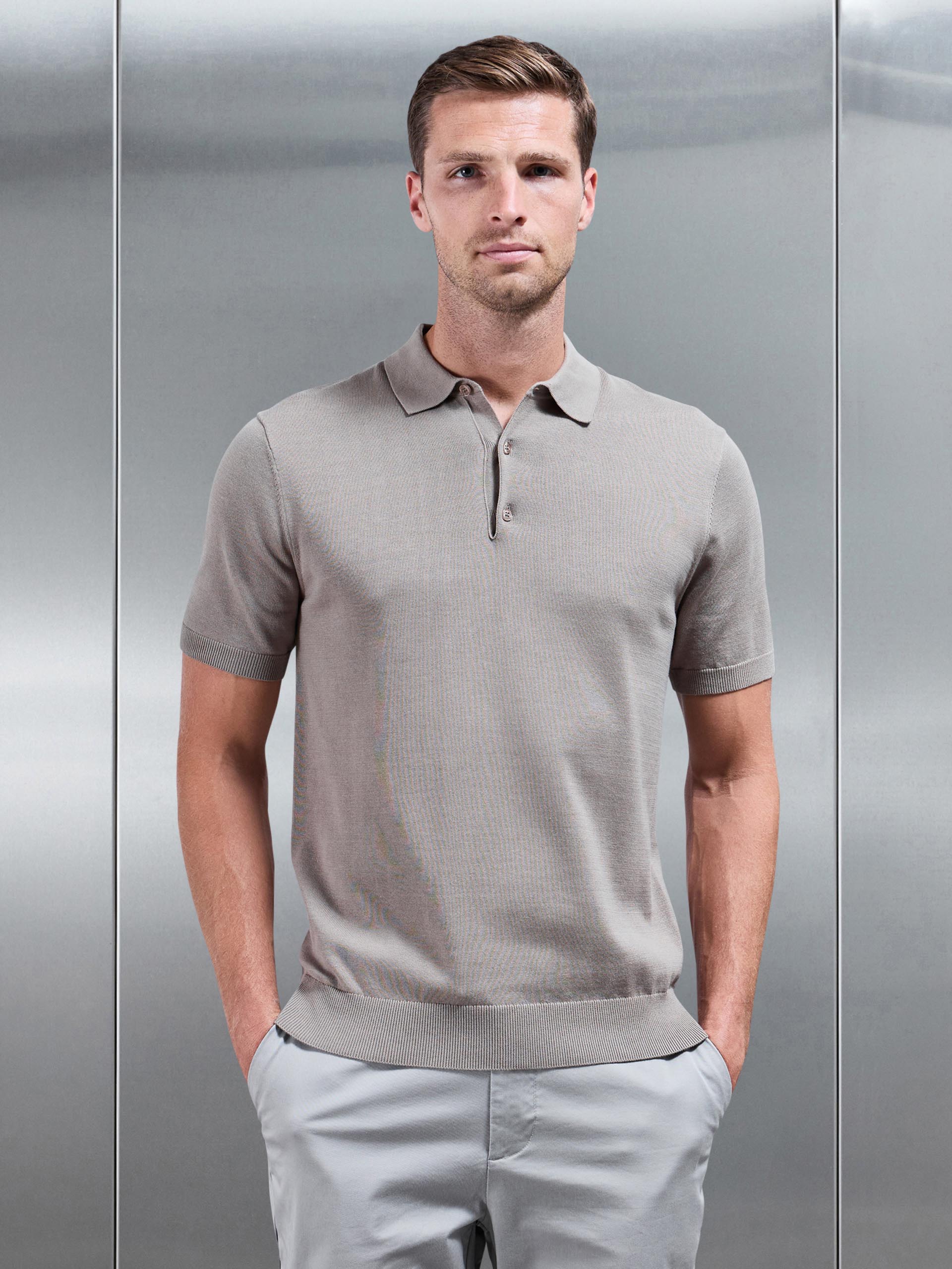 Knitted Button Polo Shirt in Taupe