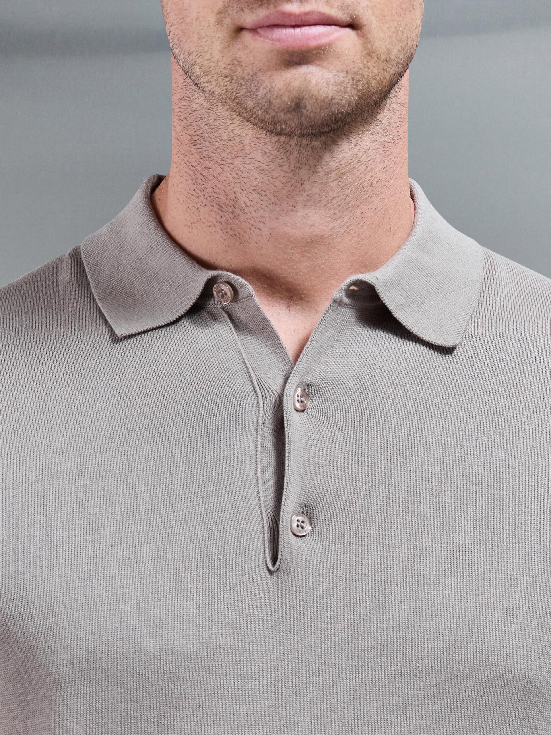 Knitted Button Polo Shirt in Taupe