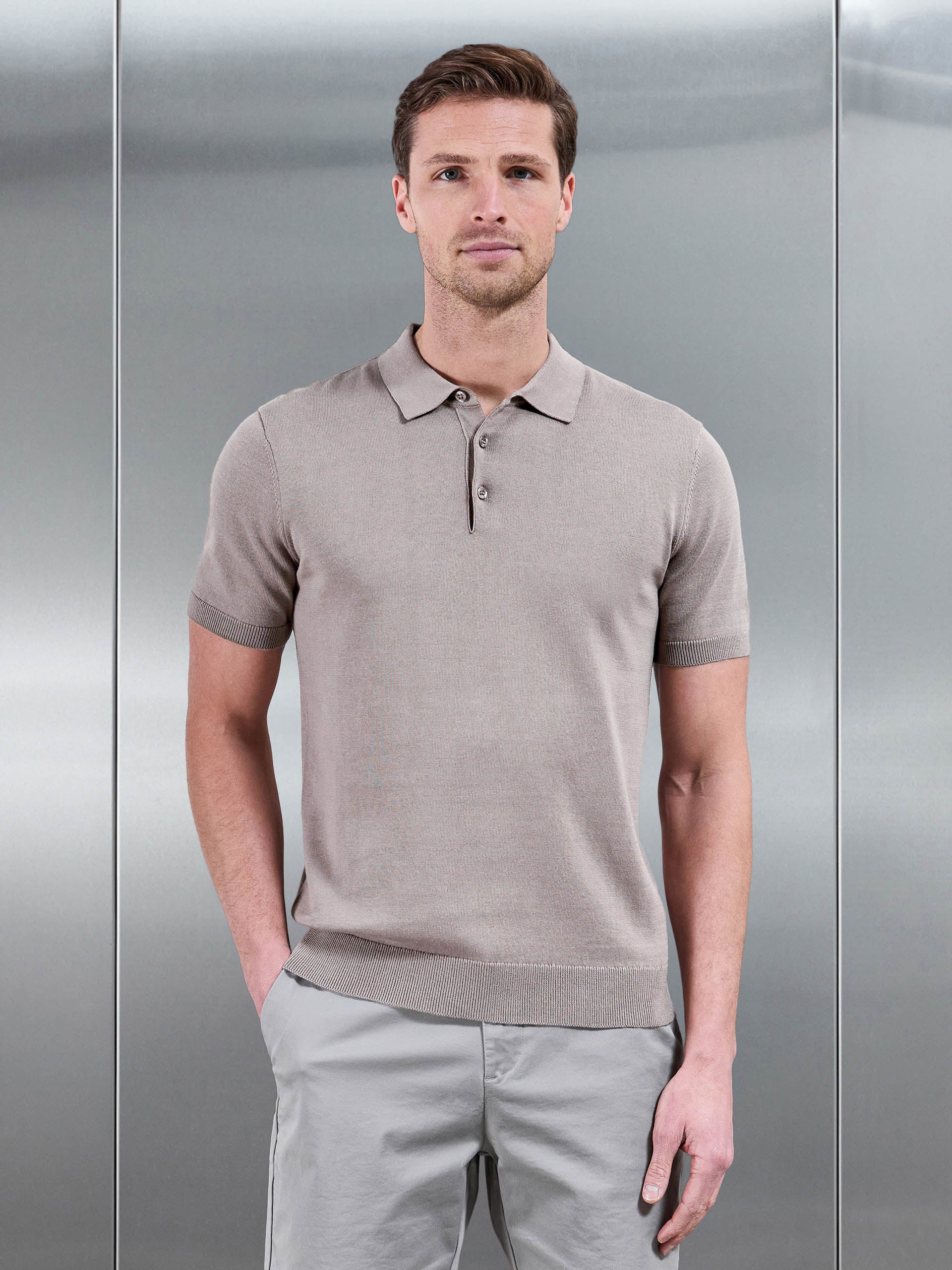 Cotton Knitted Button Polo Shirt in Taupe