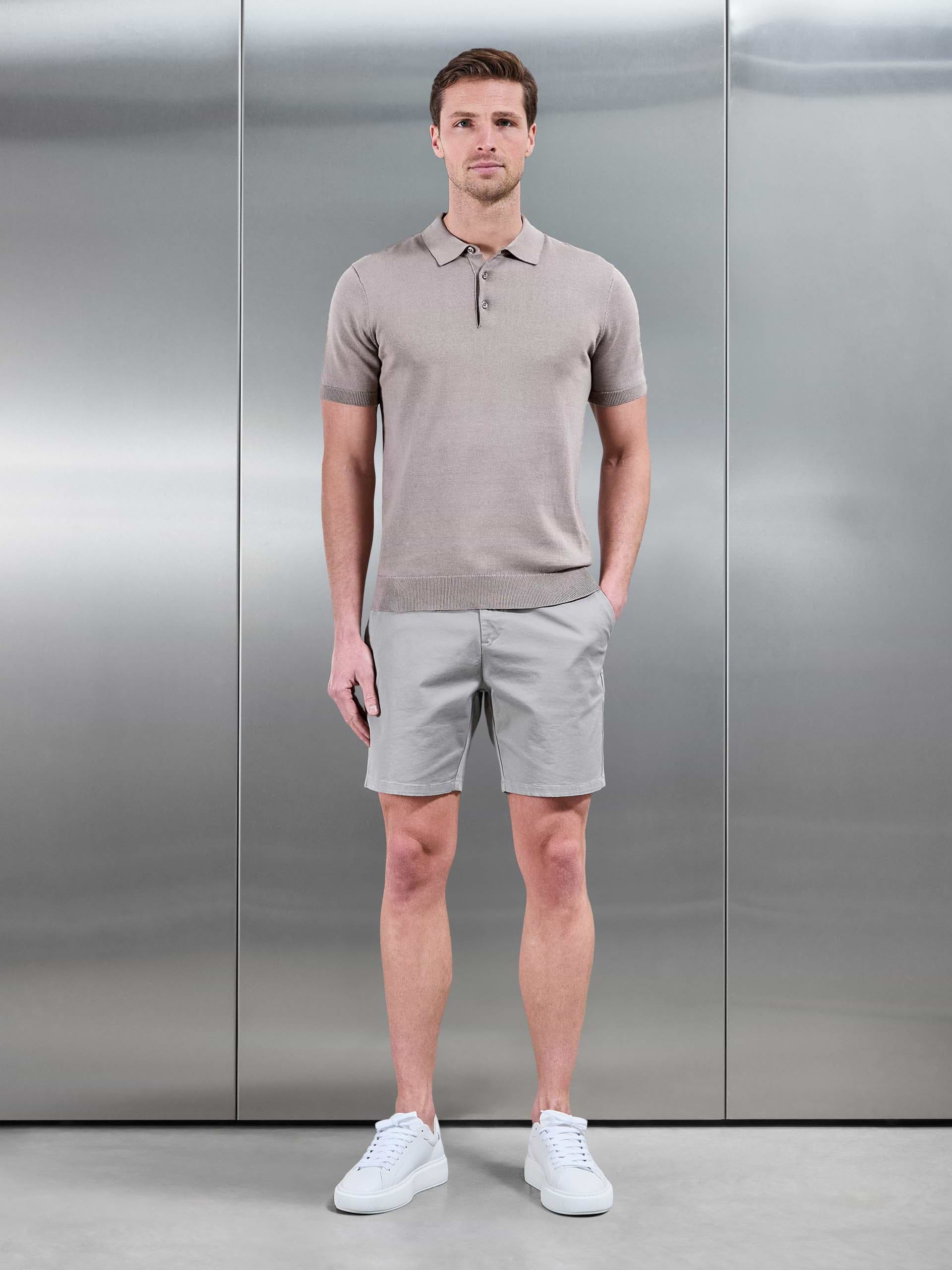 Cotton Knitted Button Polo Shirt in Taupe