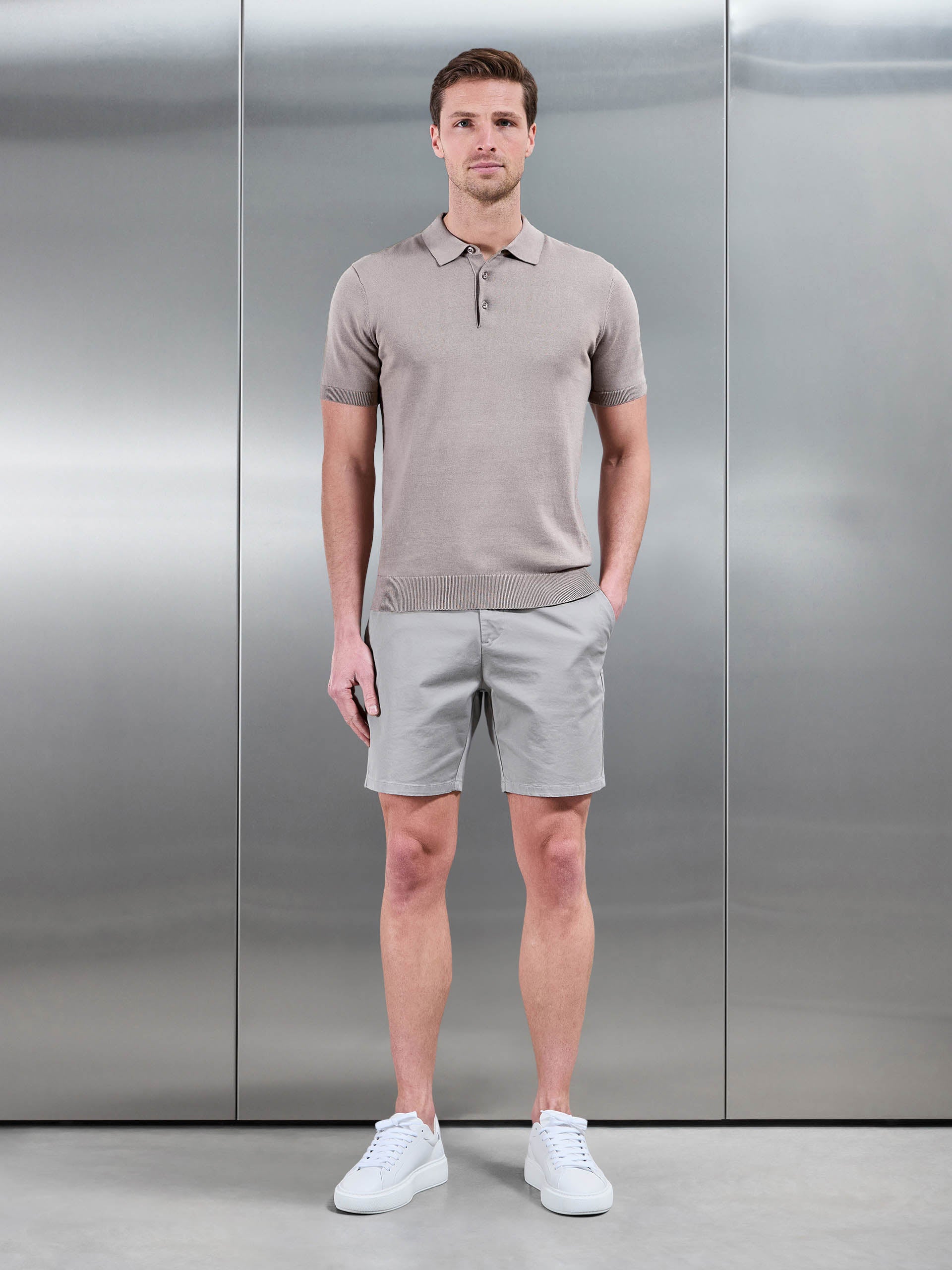 Cotton Knitted Button Polo Shirt in Taupe