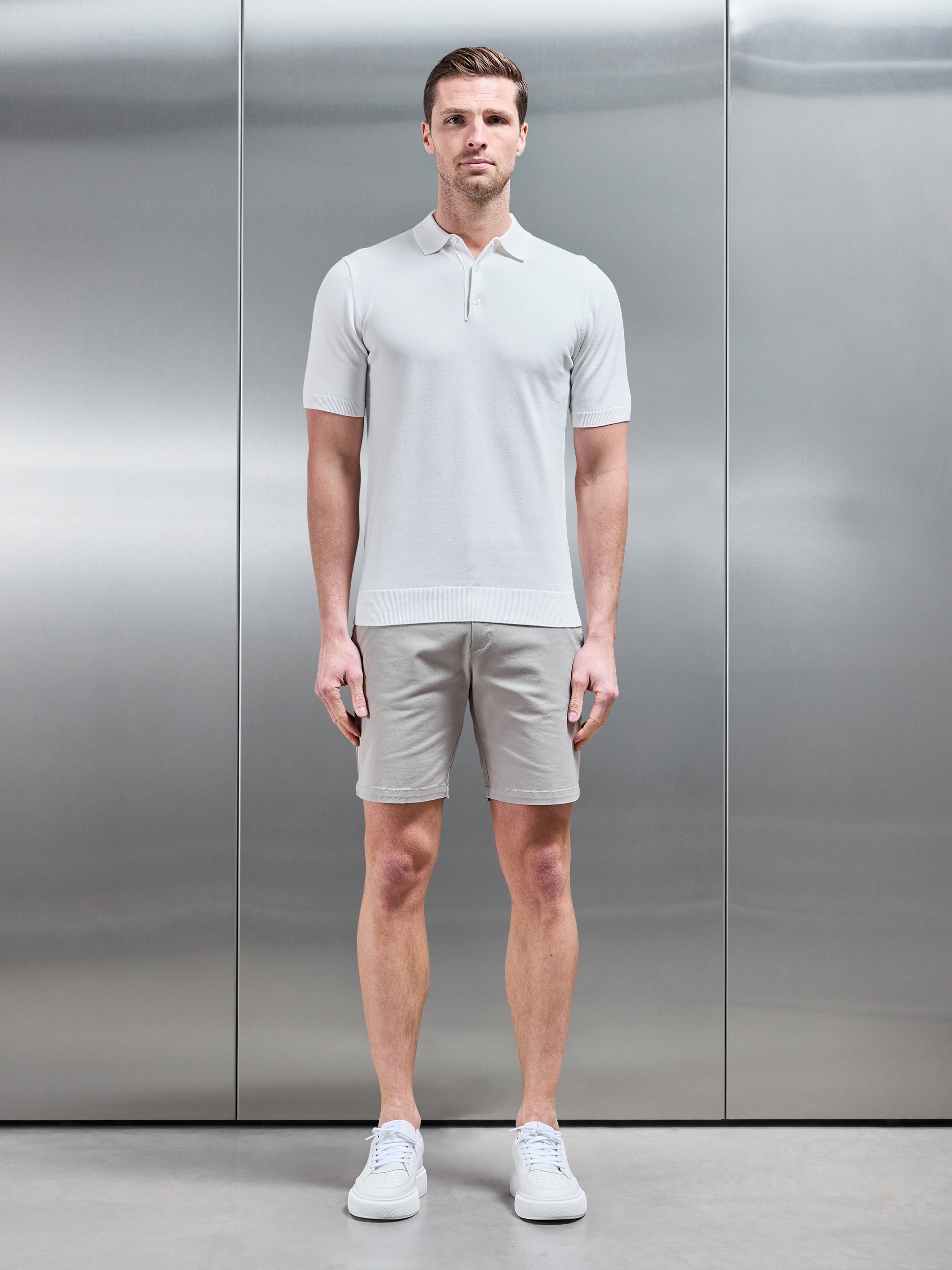 Cotton Knitted Button Polo Shirt in White