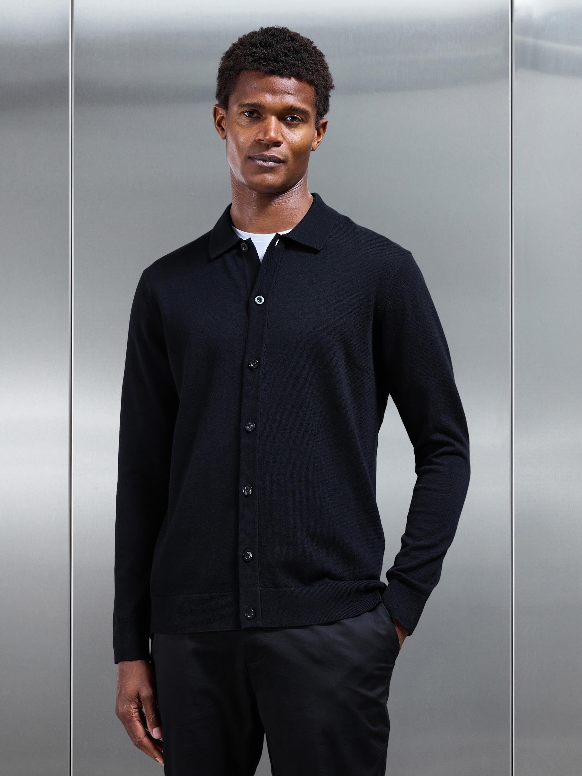 Cotton Knitted Button Through Shirt in Black