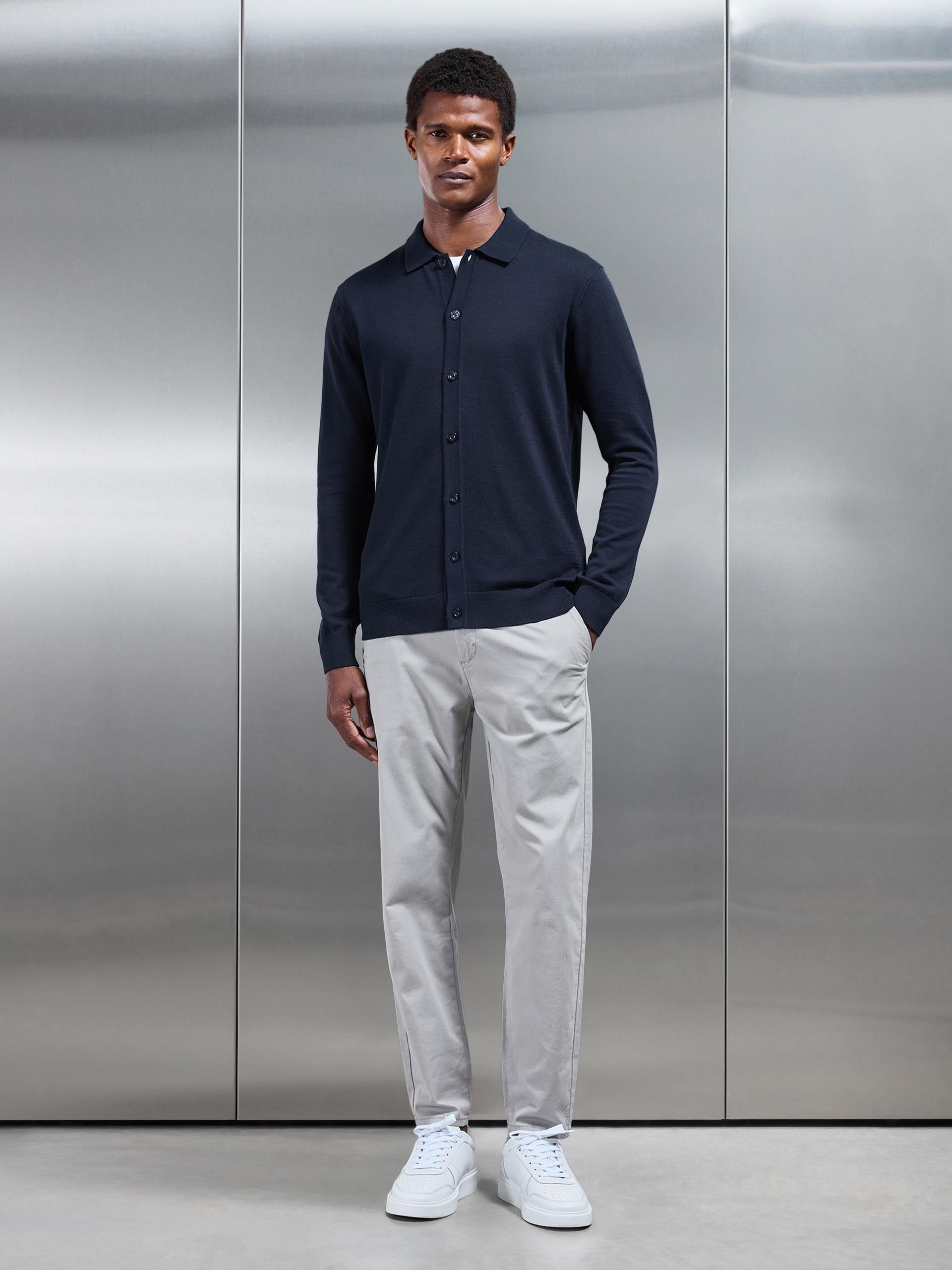 Cotton Knitted Button Through Shirt in Navy