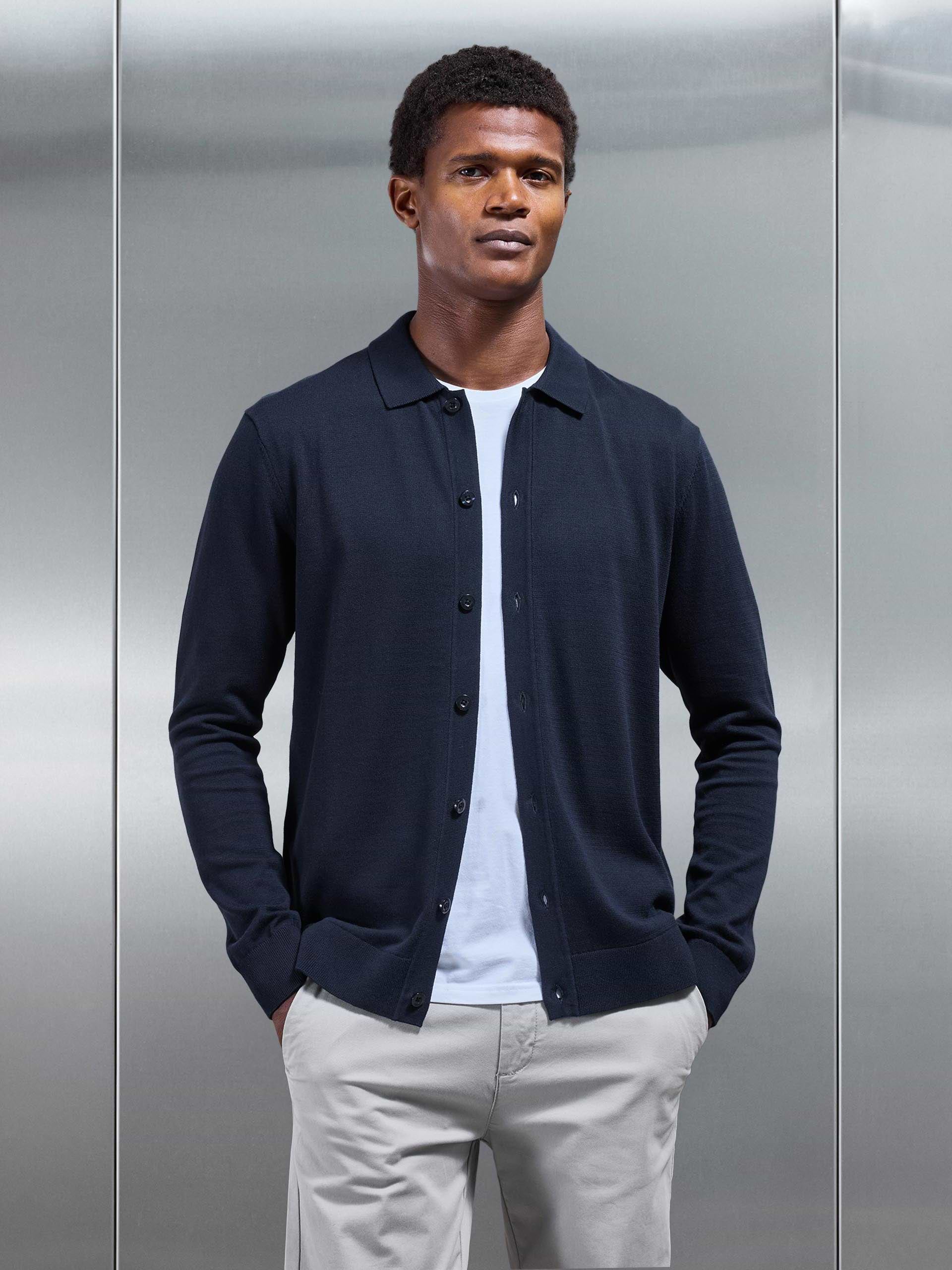 Cotton Knitted Button Through Shirt in Navy