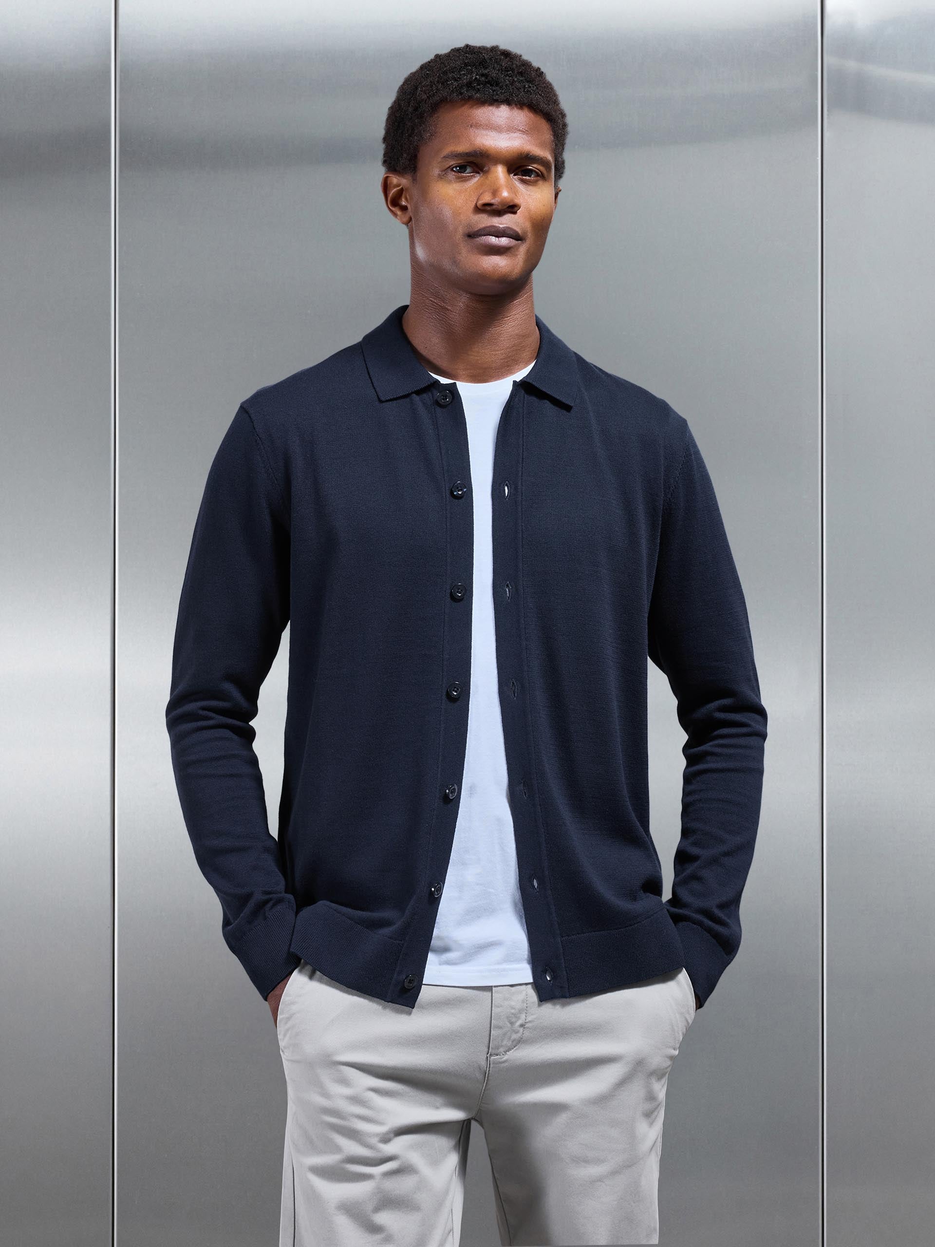 Cotton Knitted Button Through Shirt in Navy