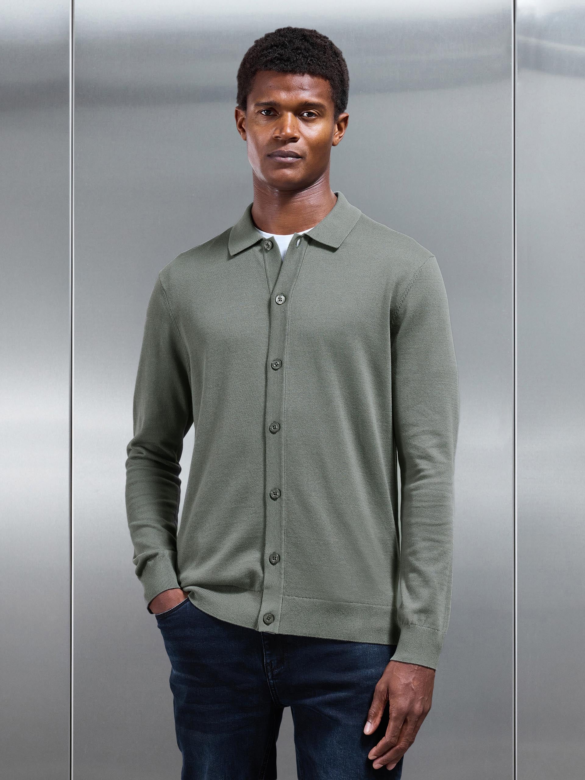 Cotton Knitted Button Through Shirt in Sage