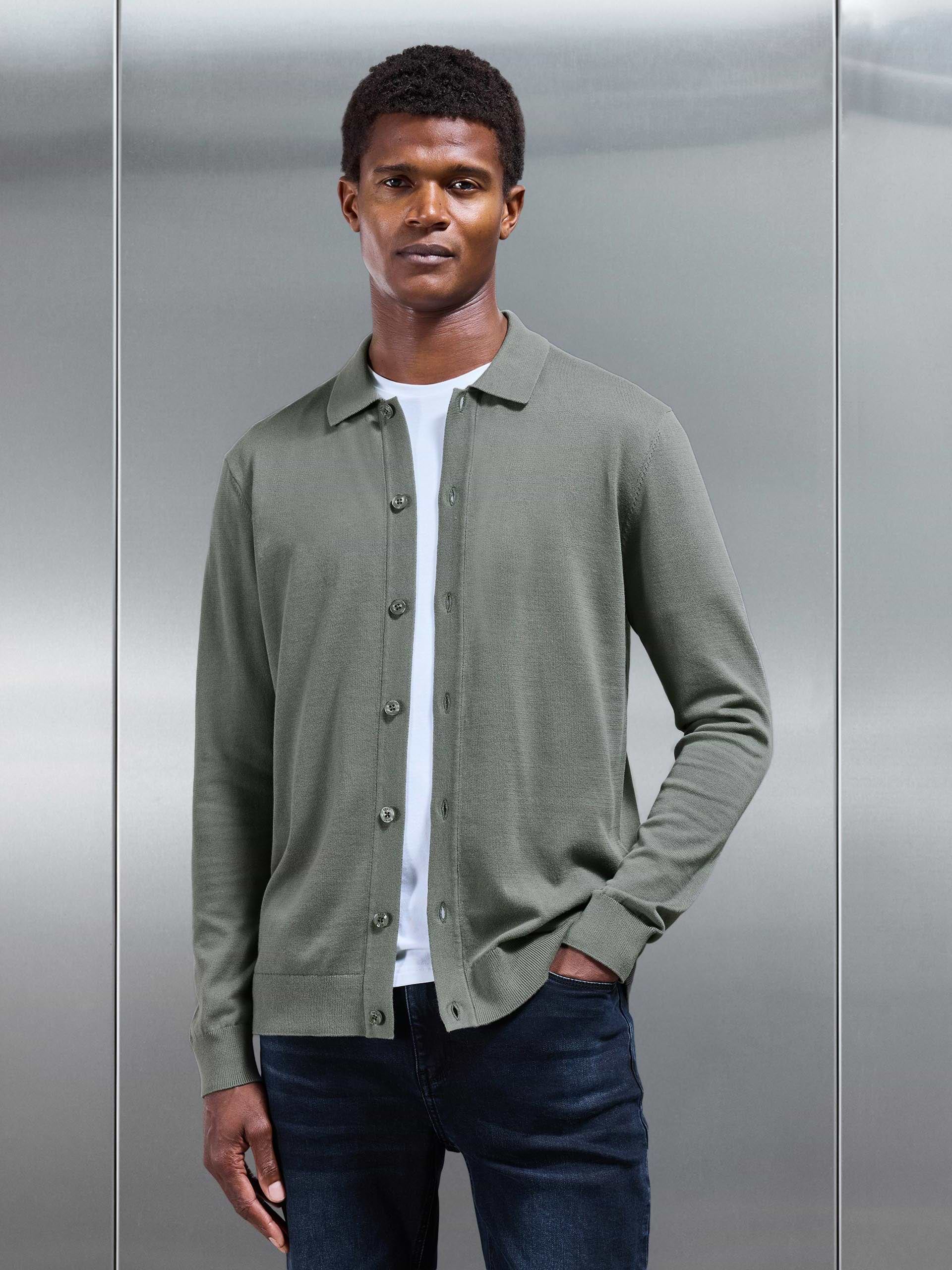 Cotton Knitted Button Through Shirt in Sage