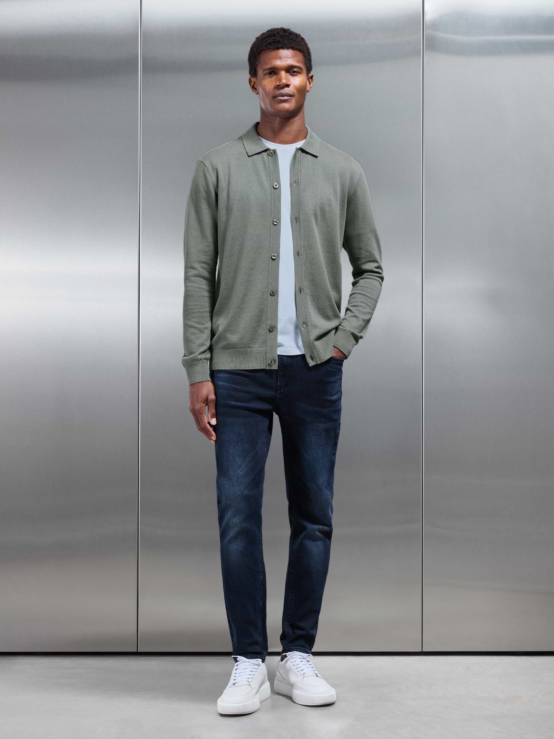 Cotton Knitted Button Through Shirt in Sage