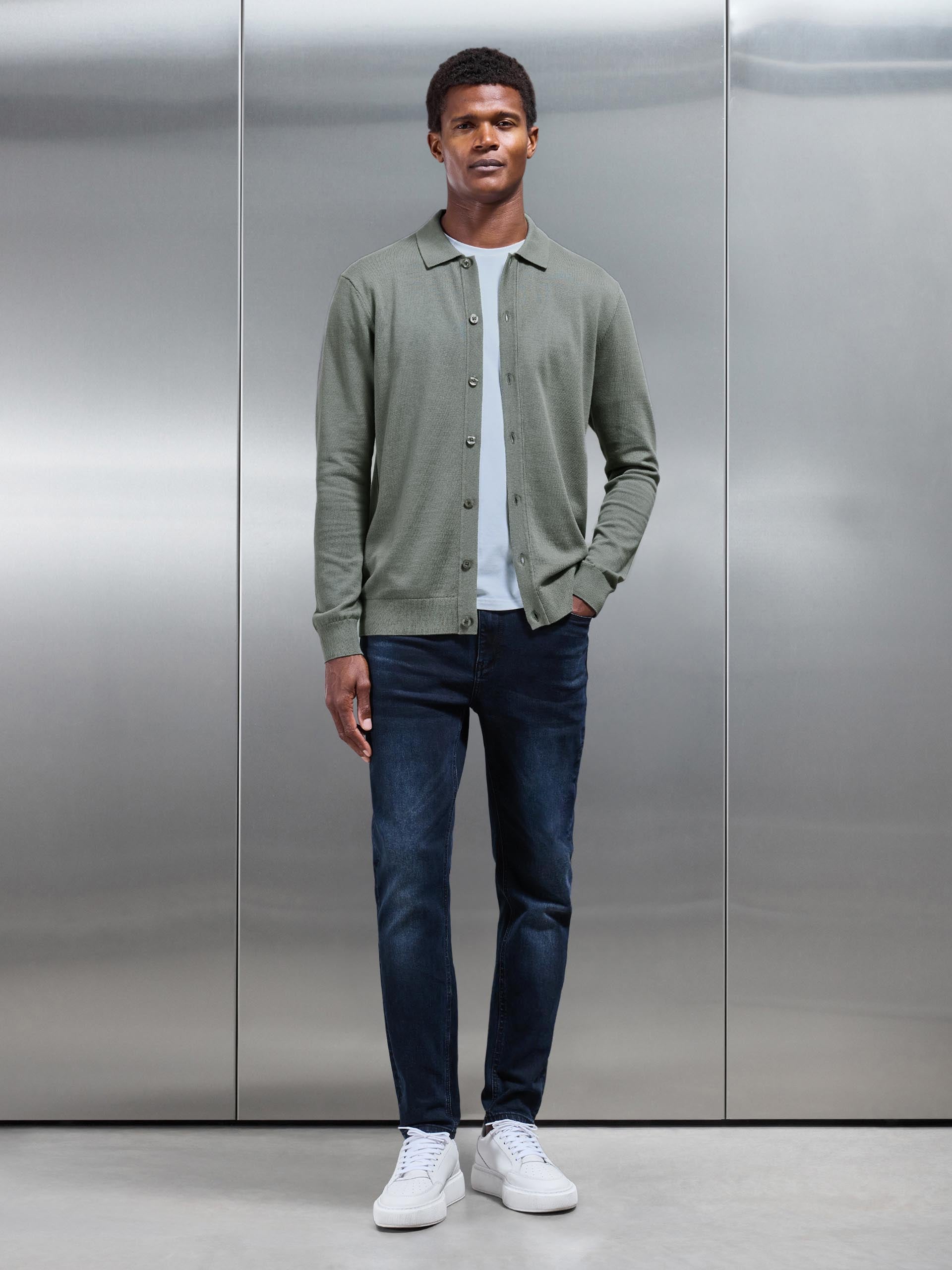 Cotton Knitted Button Through Shirt in Sage