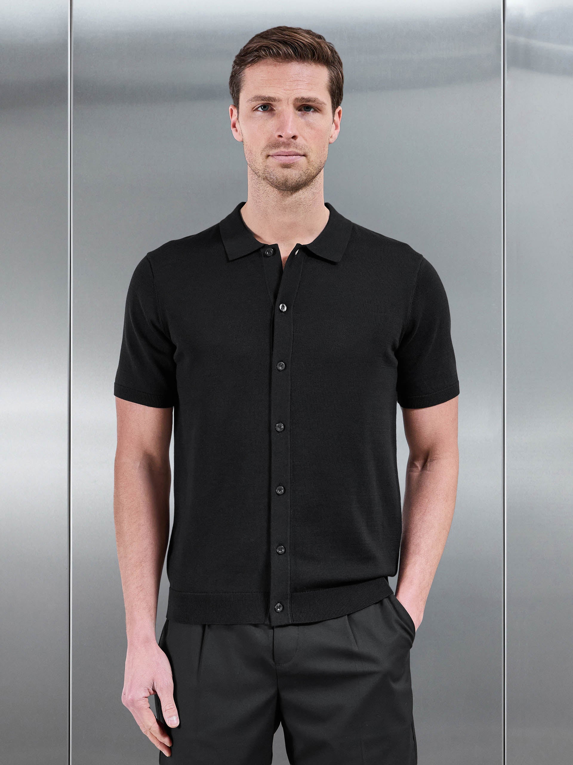 Cotton Knitted Button Through Short Sleeve Shirt in Black