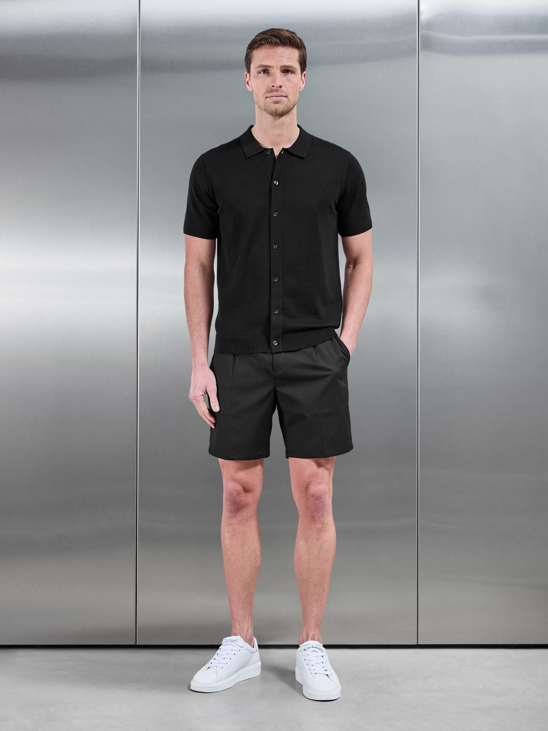 Cotton Knitted Button Through Short Sleeve Shirt in Black