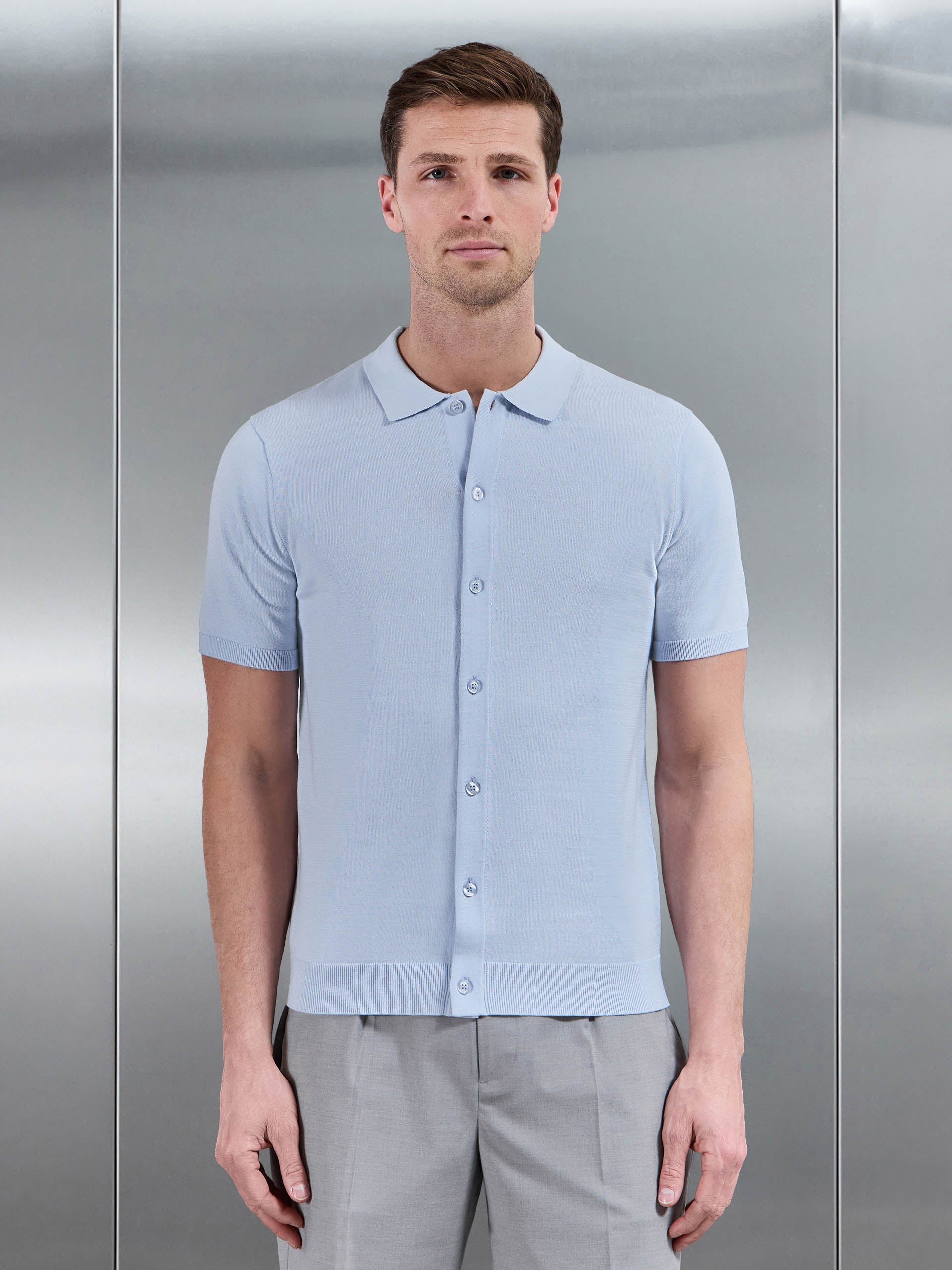 Cotton Knitted Button Through Short Sleeve Shirt in Light Blue