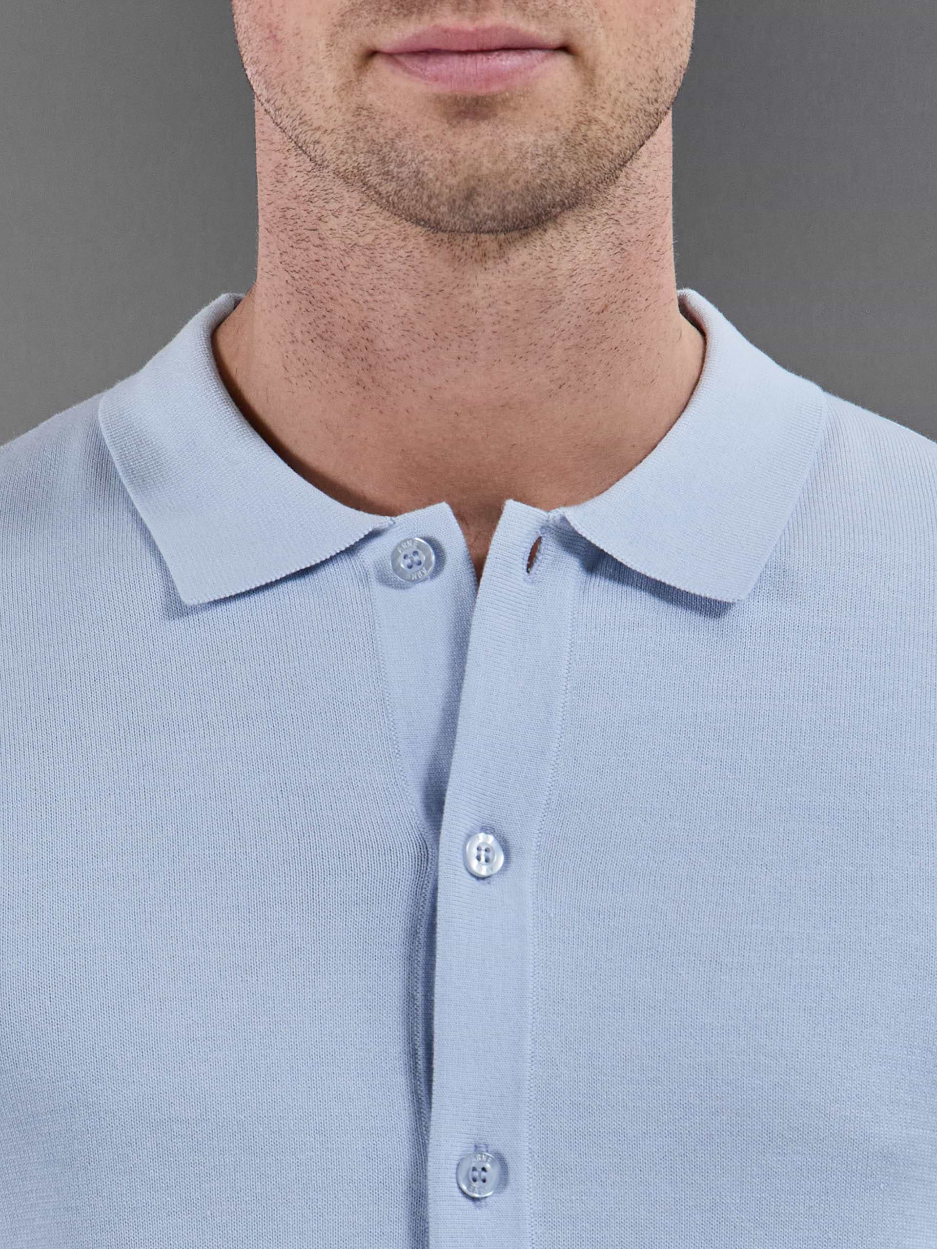 Cotton Knitted Button Through Short Sleeve Shirt in Light Blue