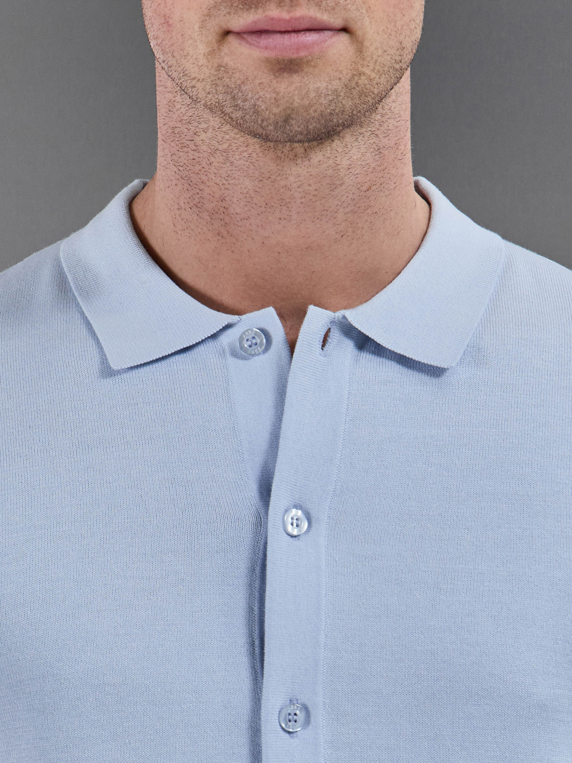 Cotton Knitted Button Through Short Sleeve Shirt in Light Blue