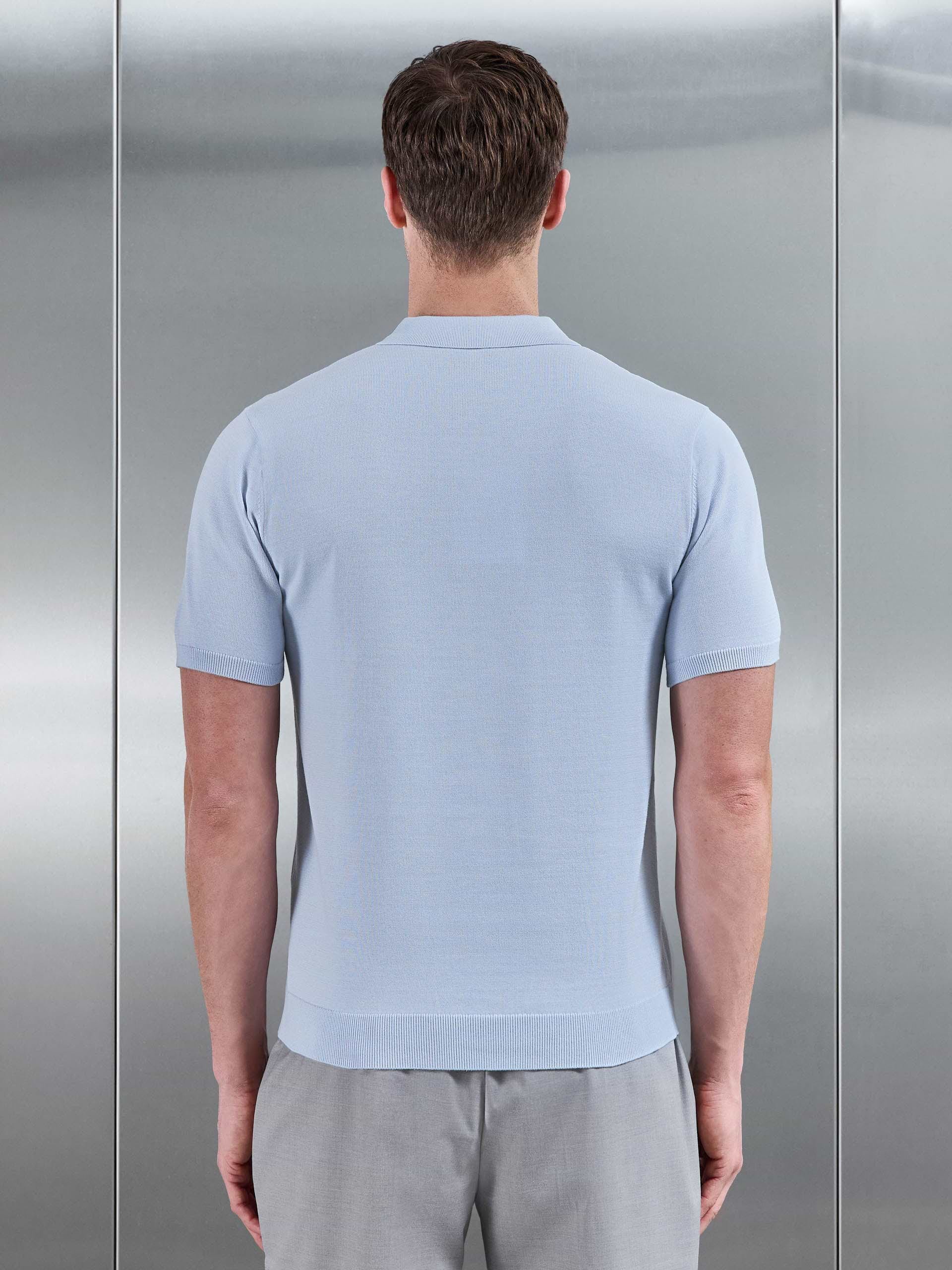 Cotton Knitted Button Through Short Sleeve Shirt in Light Blue