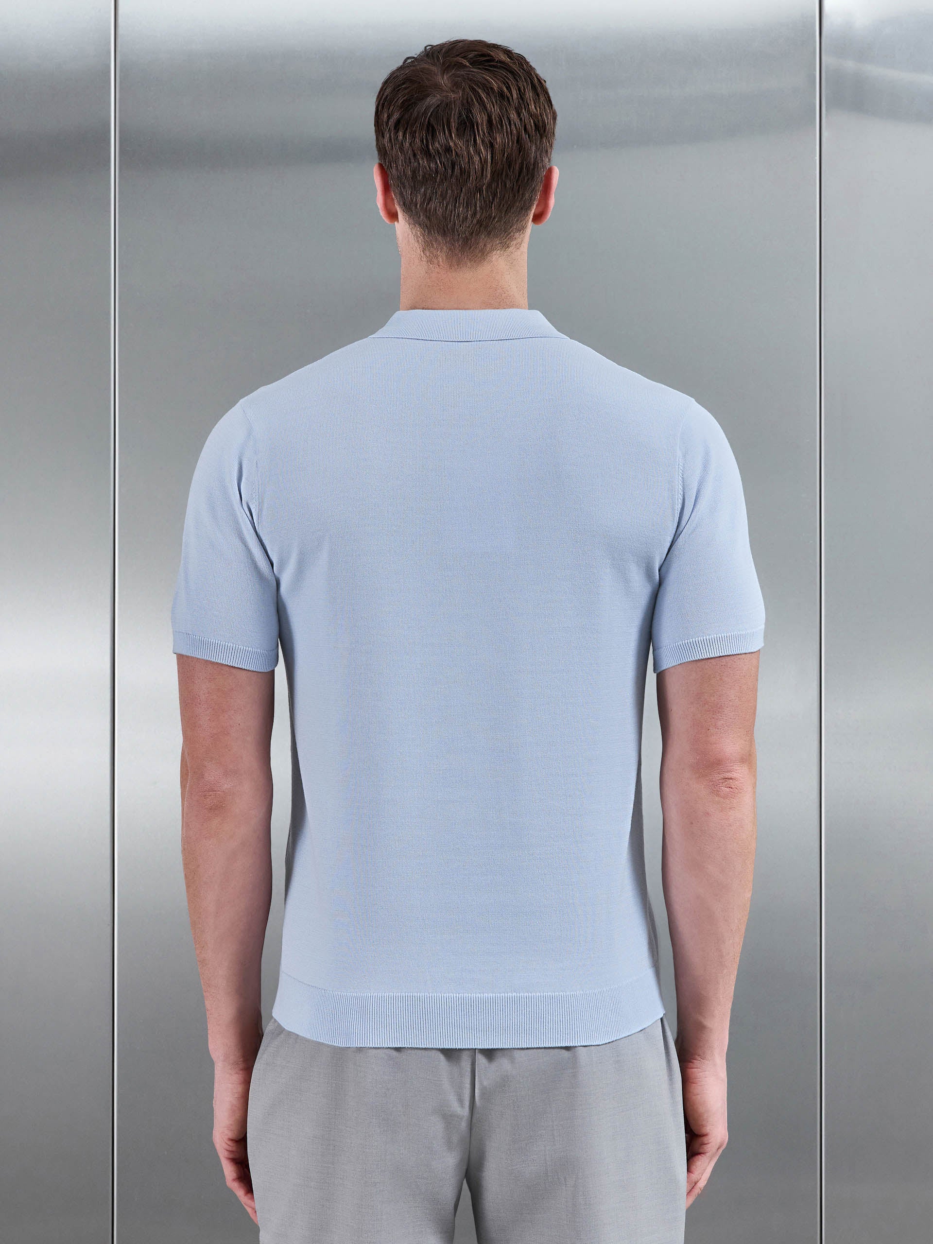 Cotton Knitted Button Through Short Sleeve Shirt in Light Blue