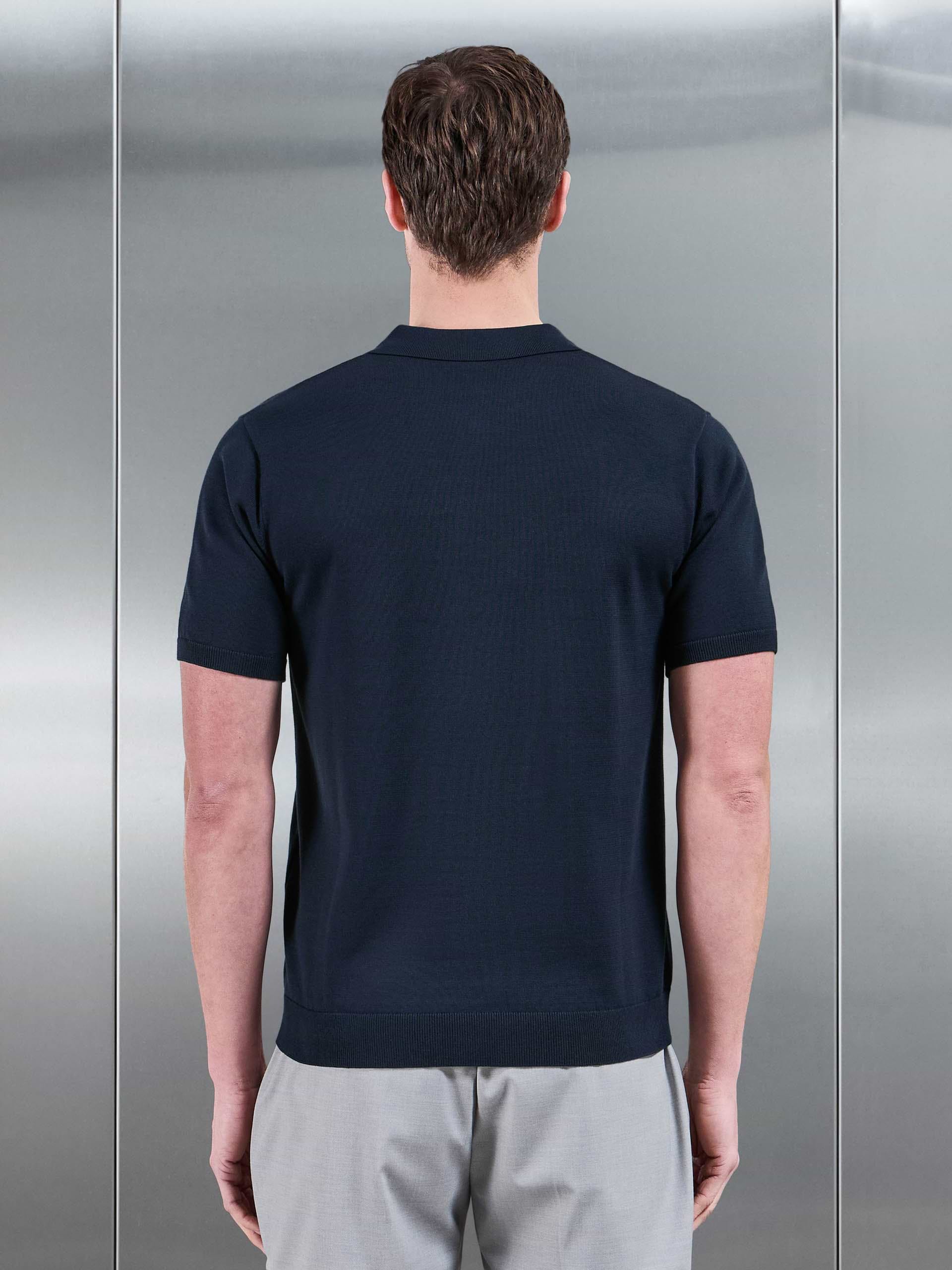 Cotton Knitted Button Through Short Sleeve Shirt in Navy