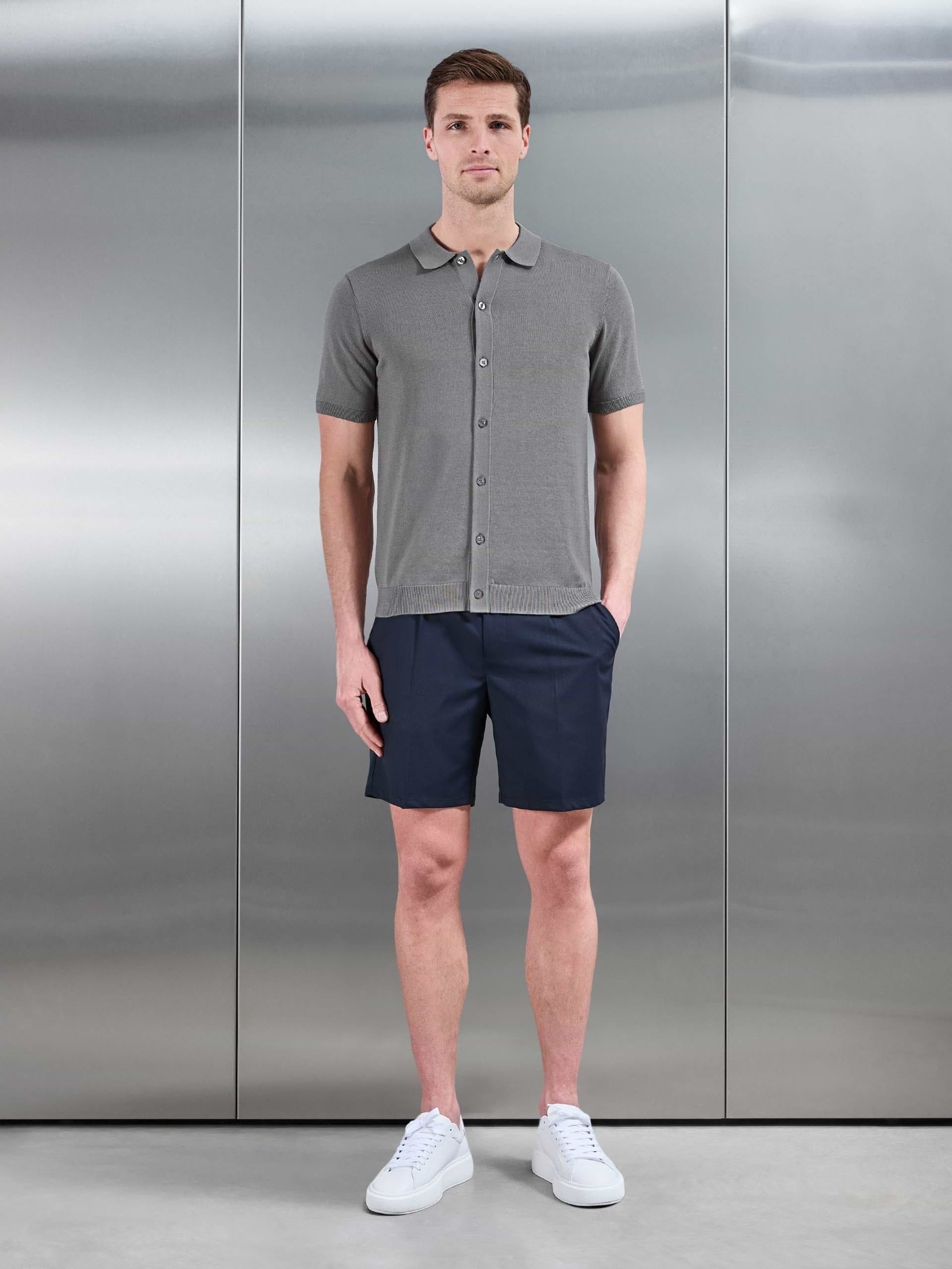 Cotton Knitted Button Through Short Sleeve Shirt in Sage