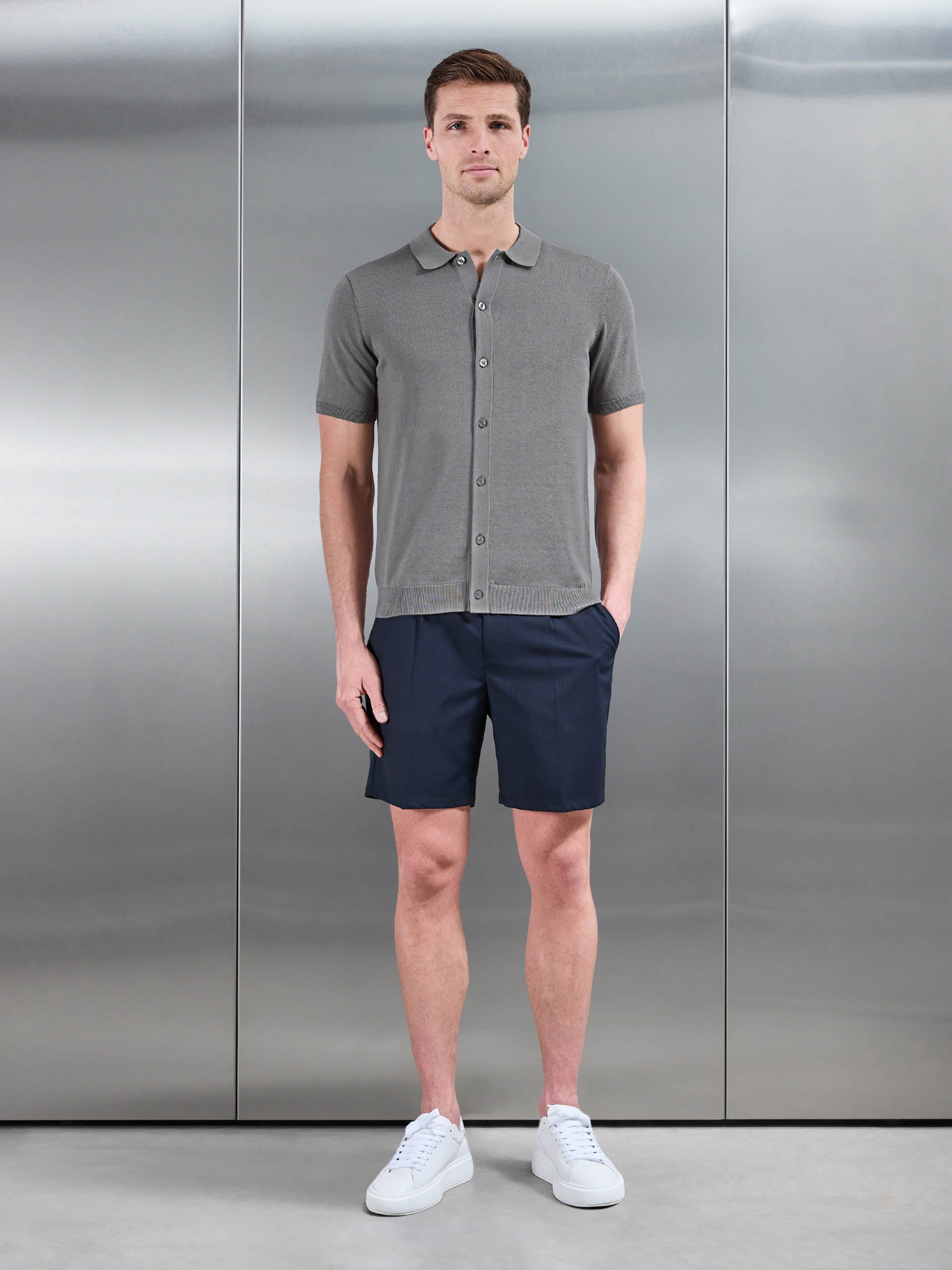 Cotton Knitted Button Through Short Sleeve Shirt in Sage