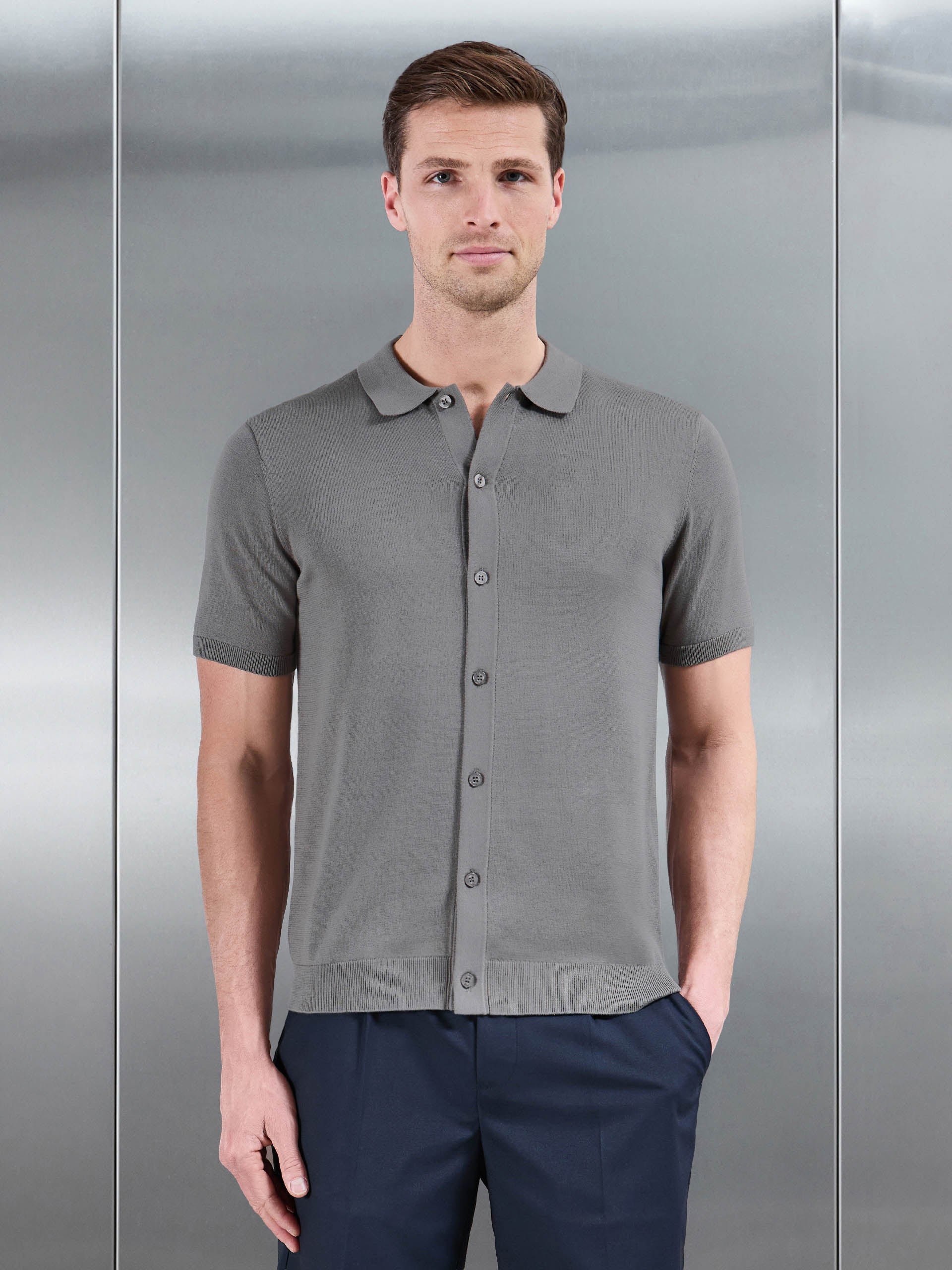 Cotton Knitted Button Through Short Sleeve Shirt in Sage