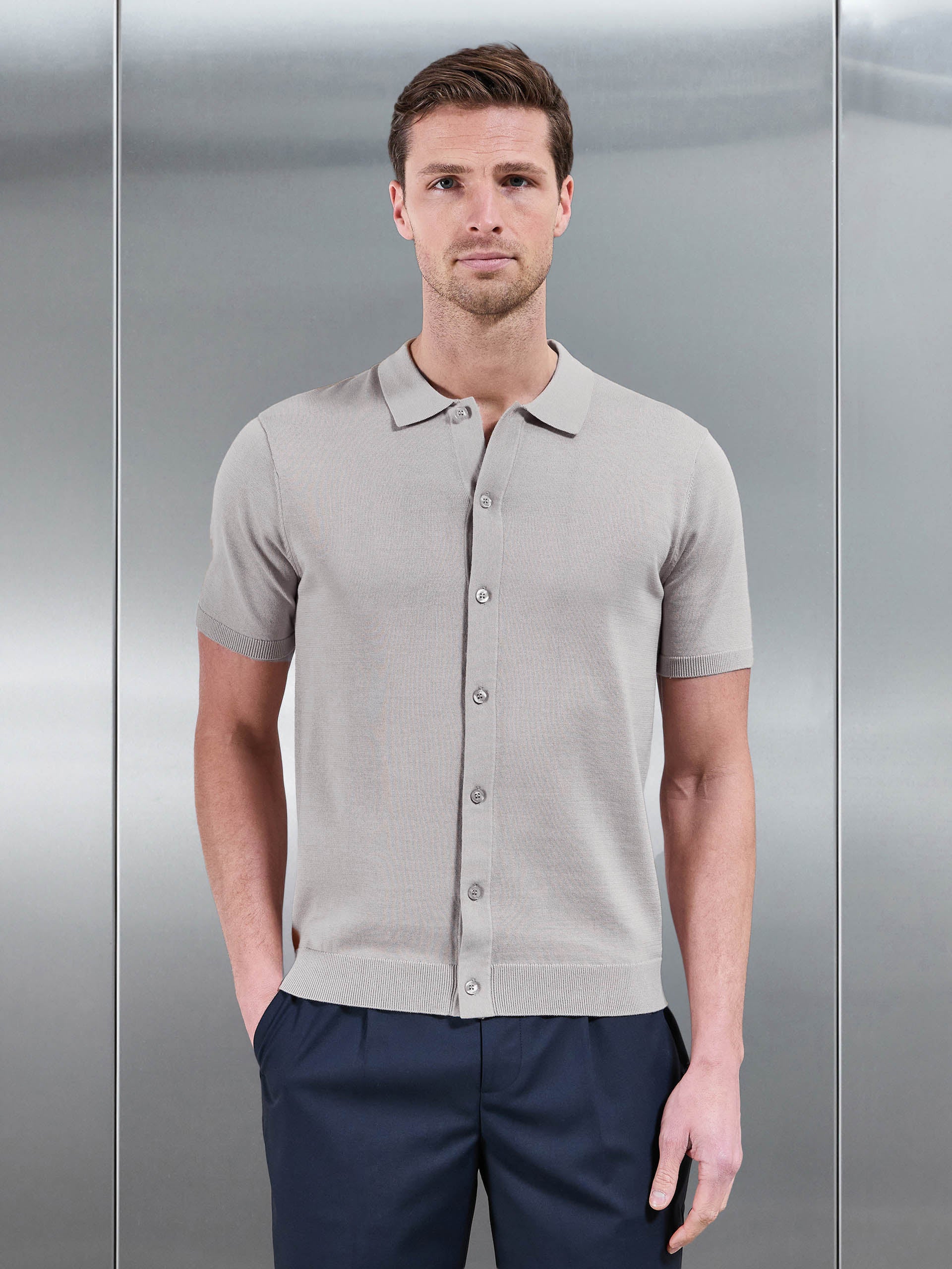 Cotton Knitted Button Through Short Sleeve Shirt in Stone
