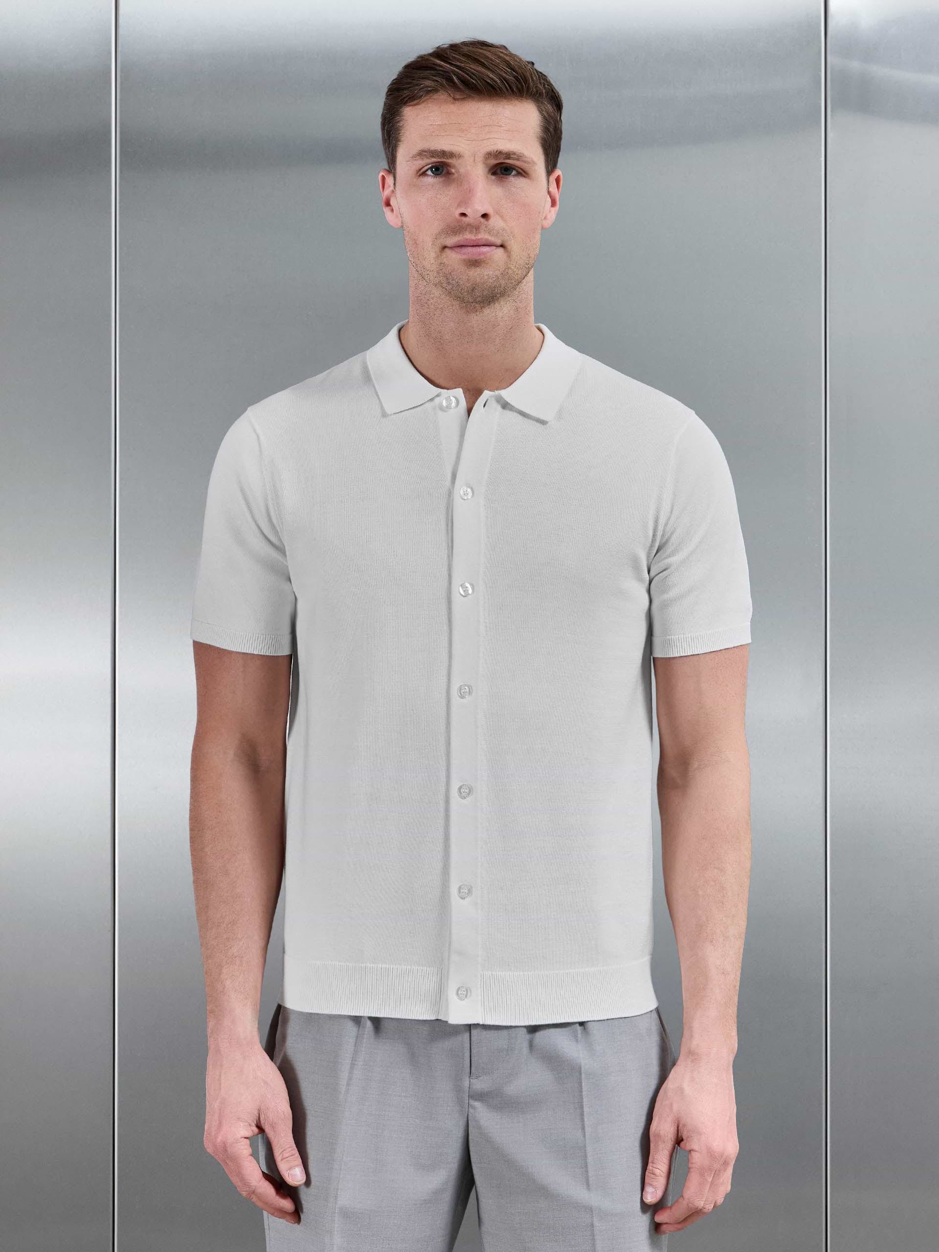 Cotton Knitted Button Through Short Sleeve Shirt in White