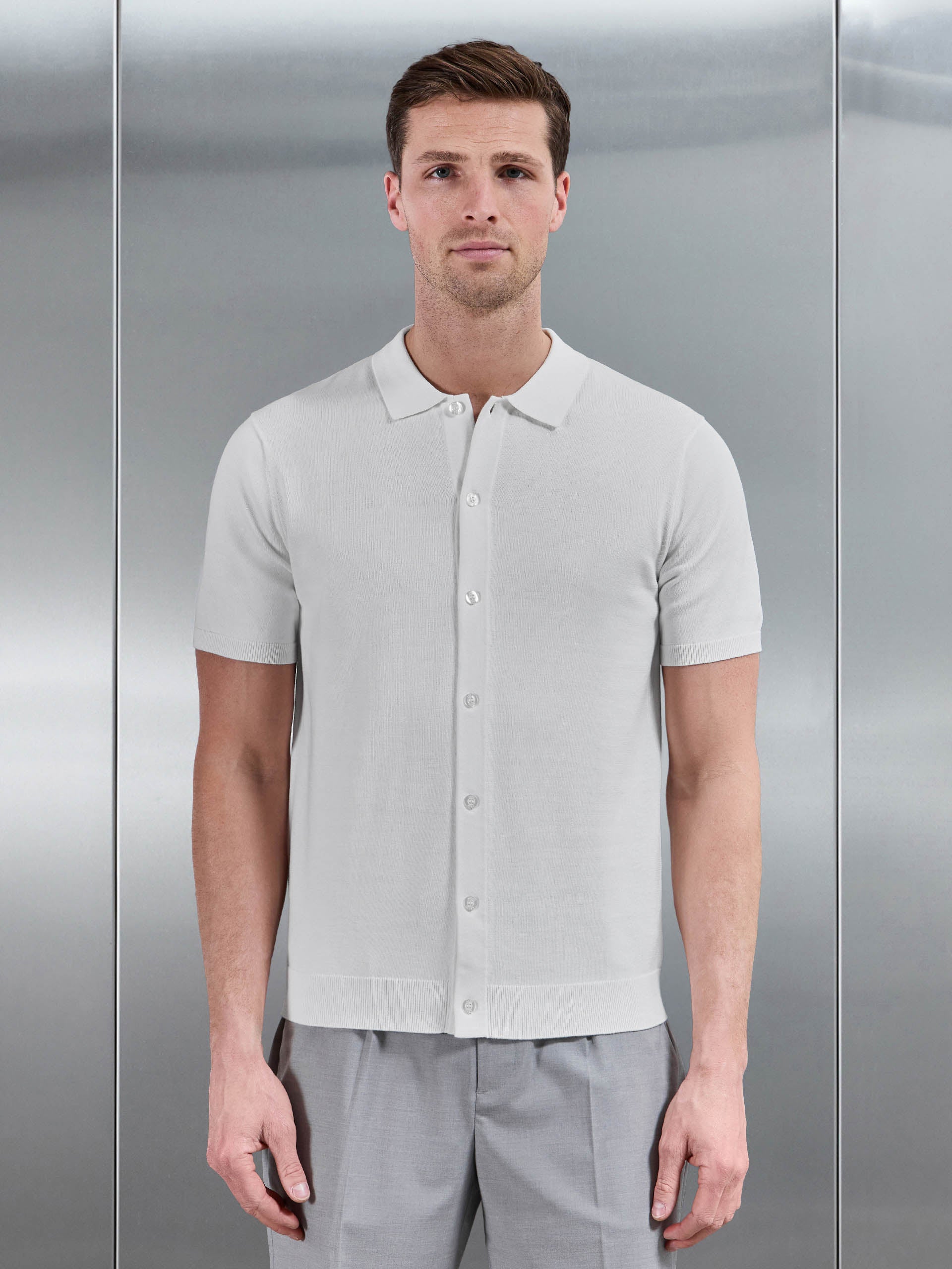 Cotton Knitted Button Through Short Sleeve Shirt in White