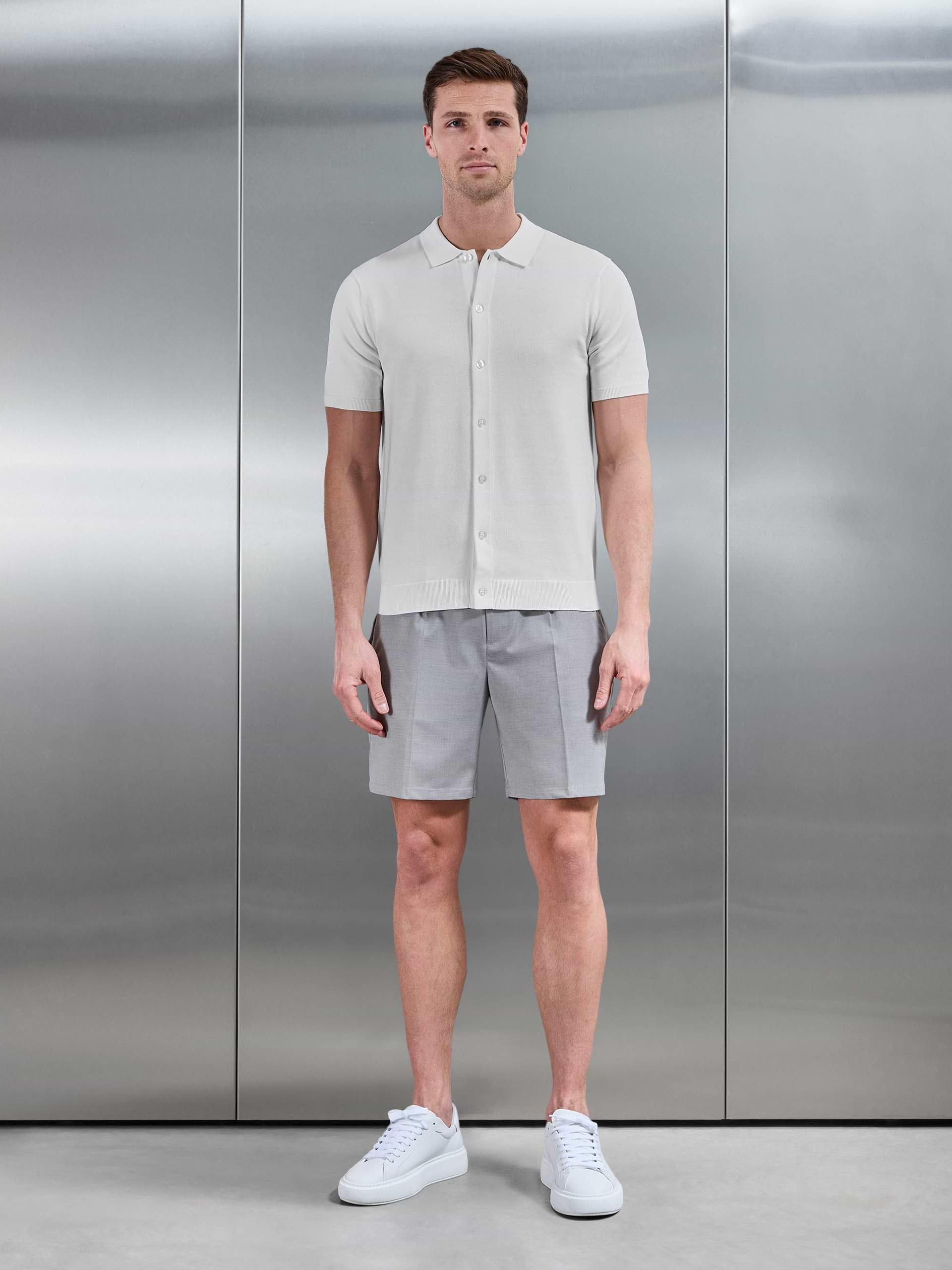 Cotton Knitted Button Through Short Sleeve Shirt in White